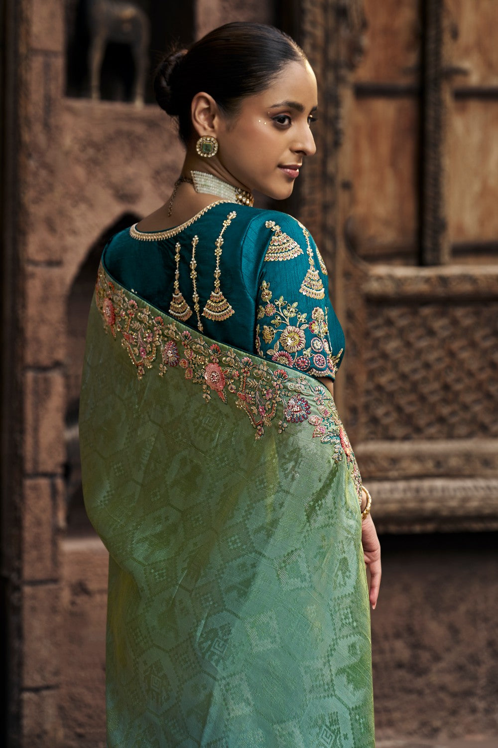 Teal Blue Saree with Embroidered Floral Border & Designer Blouse - Krishree