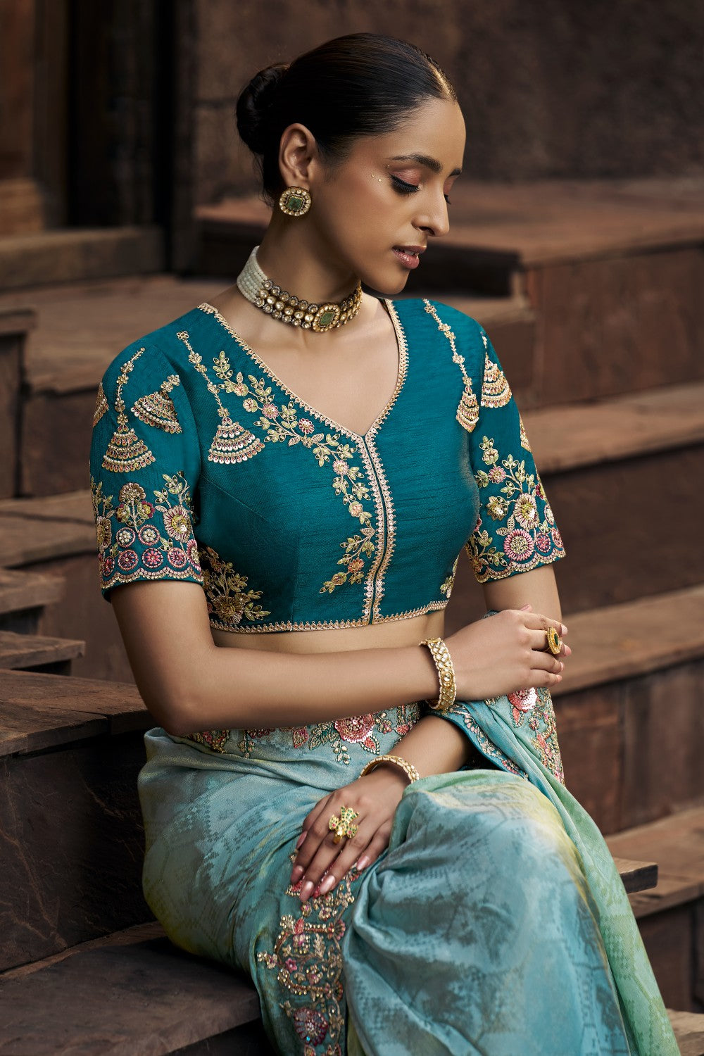 Teal Blue Saree with Embroidered Floral Border & Designer Blouse - Krishree