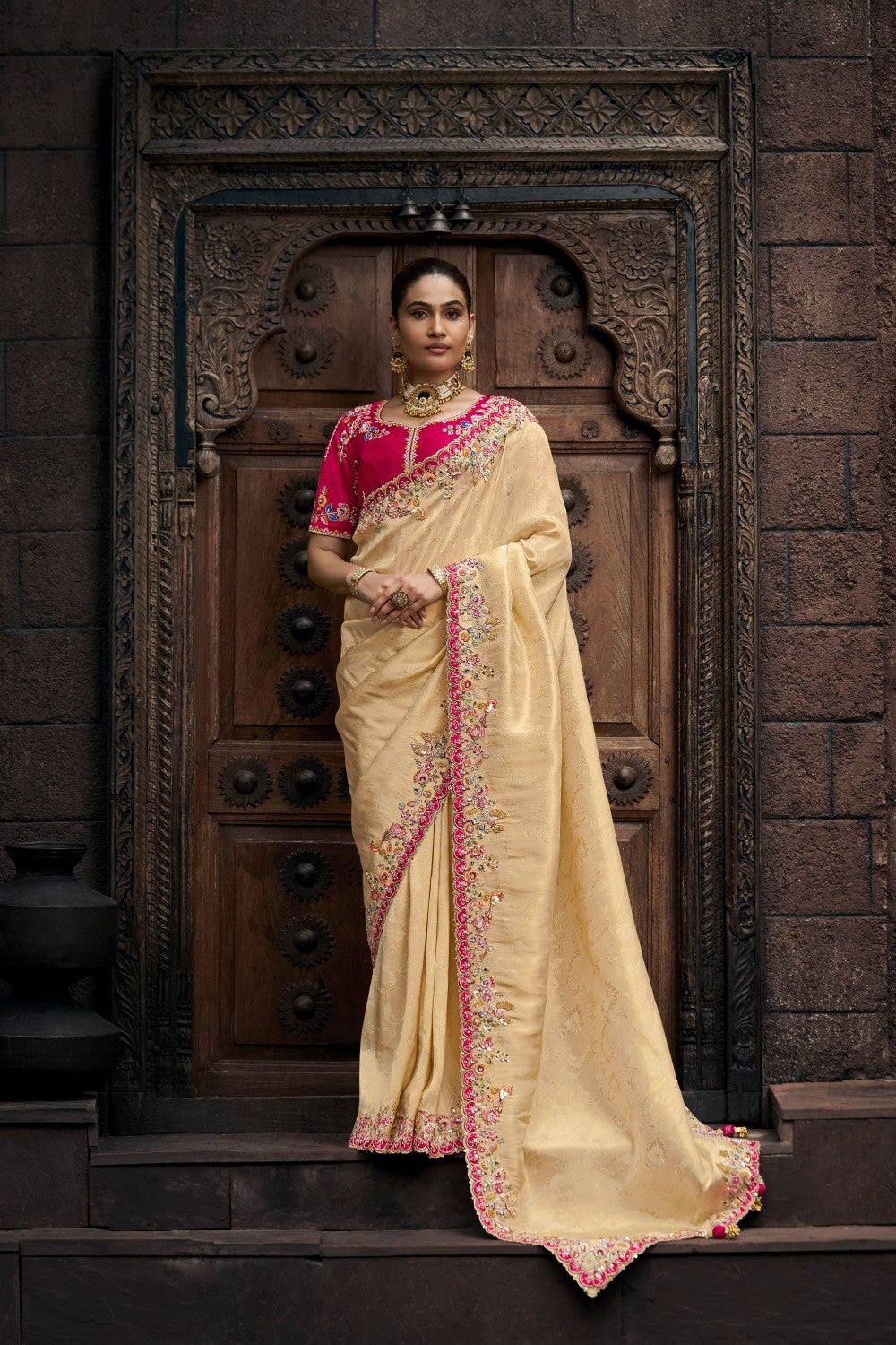 Luxury Beige Saree with Hot Pink Embroidered Blouse – Wedding Special - Krishree