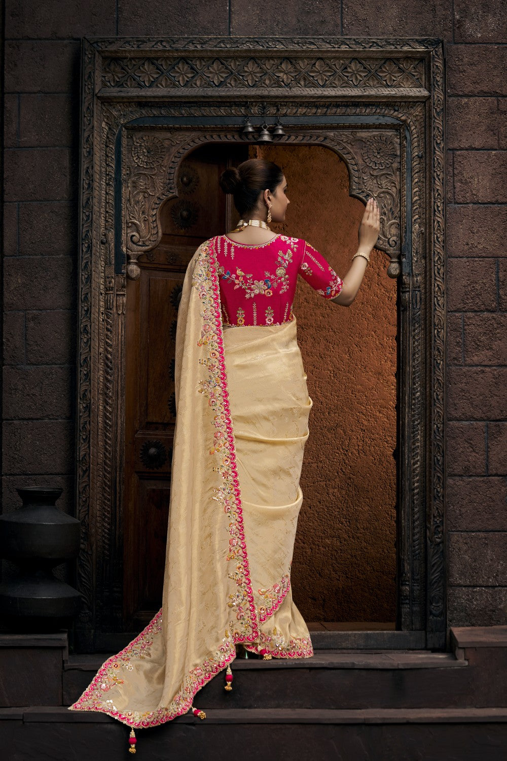 Luxury Beige Saree with Hot Pink Embroidered Blouse – Wedding Special - Krishree