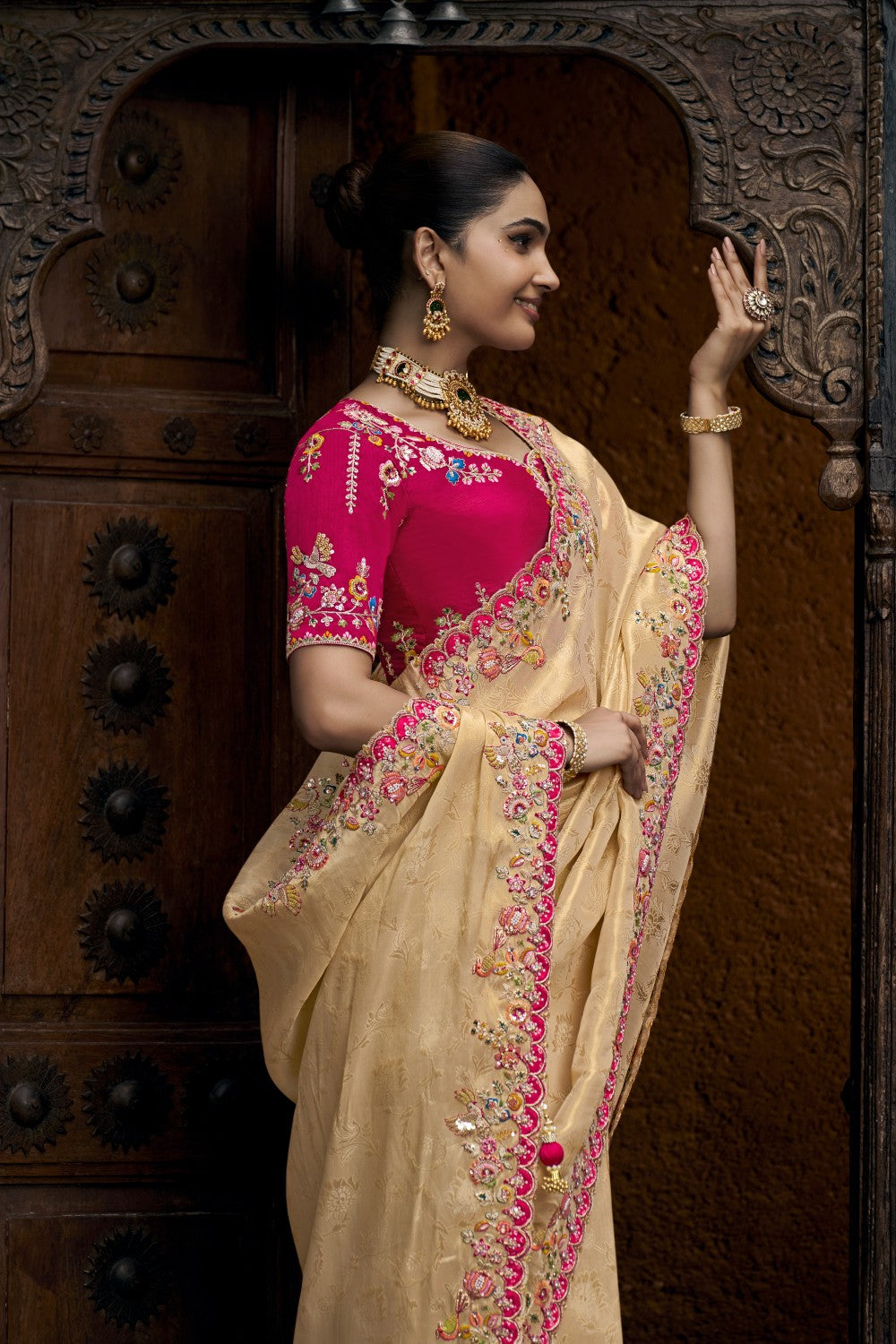 Luxury Beige Saree with Hot Pink Embroidered Blouse – Wedding Special - Krishree