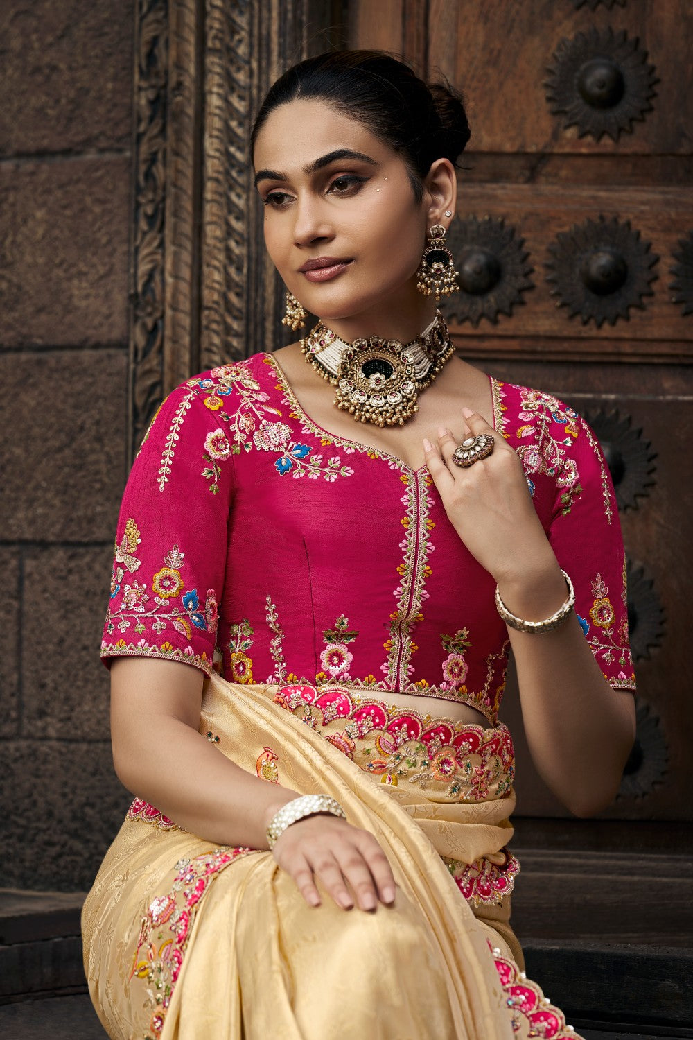 Luxury Beige Saree with Hot Pink Embroidered Blouse – Wedding Special - Krishree