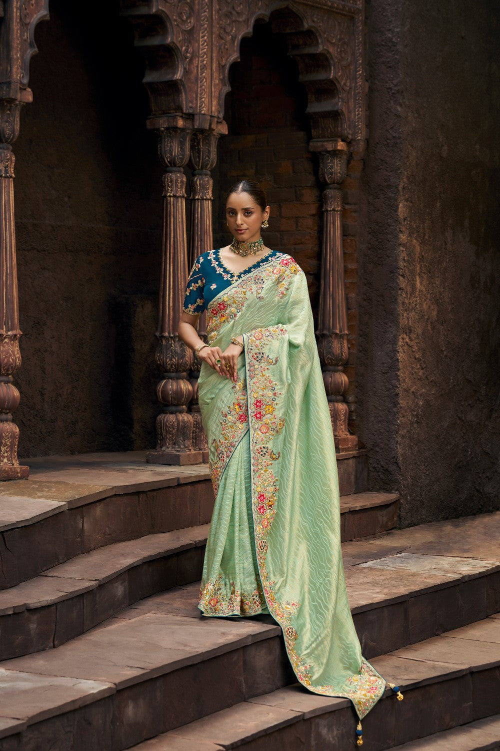 Luxury Embroidered Green Saree with Multi-Color Floral Work & Contrast Blouse - Krishree