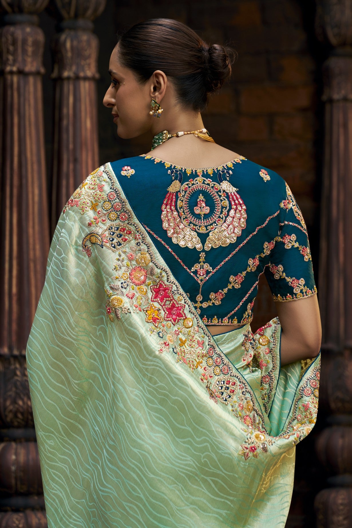 Luxury Embroidered Green Saree with Multi-Color Floral Work & Contrast Blouse - Krishree