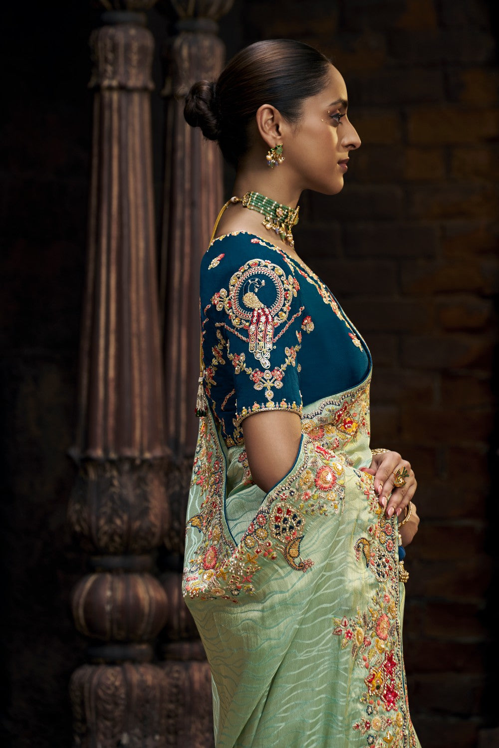 Luxury Embroidered Green Saree with Multi-Color Floral Work & Contrast Blouse - Krishree