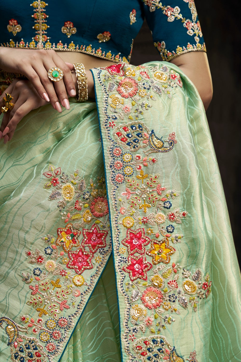 Luxury Embroidered Green Saree with Multi-Color Floral Work & Contrast Blouse - Krishree