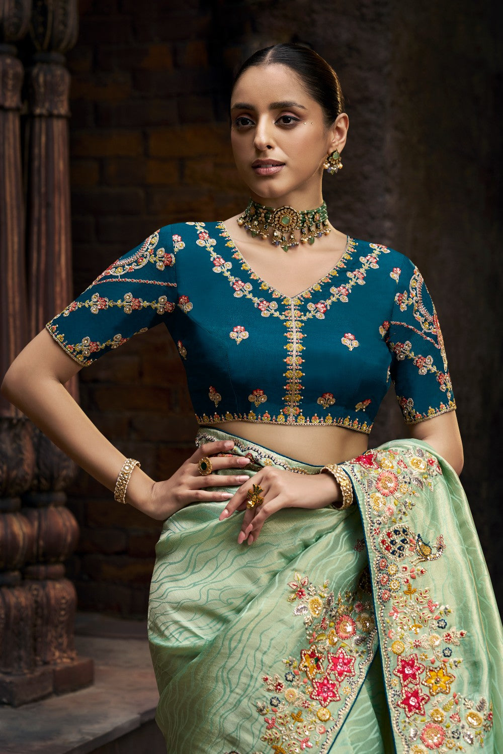 Luxury Embroidered Green Saree with Multi-Color Floral Work & Contrast Blouse - Krishree