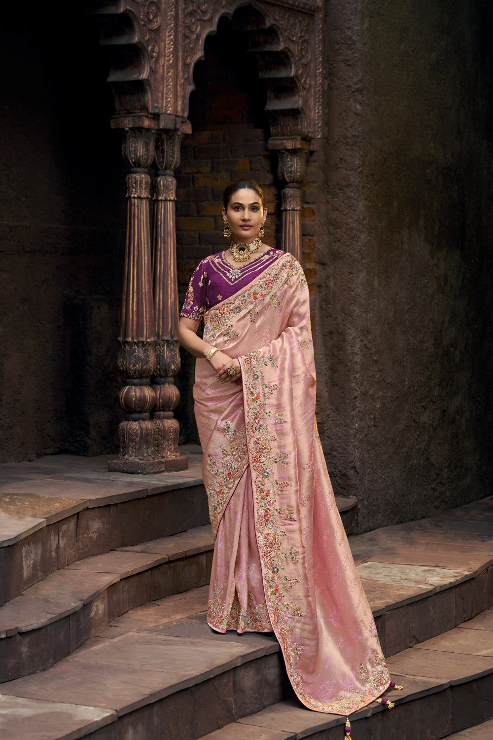 Luxury Pink Saree with Stone Work & Purple Blouse – Bridal & Festive Collection - Krishree
