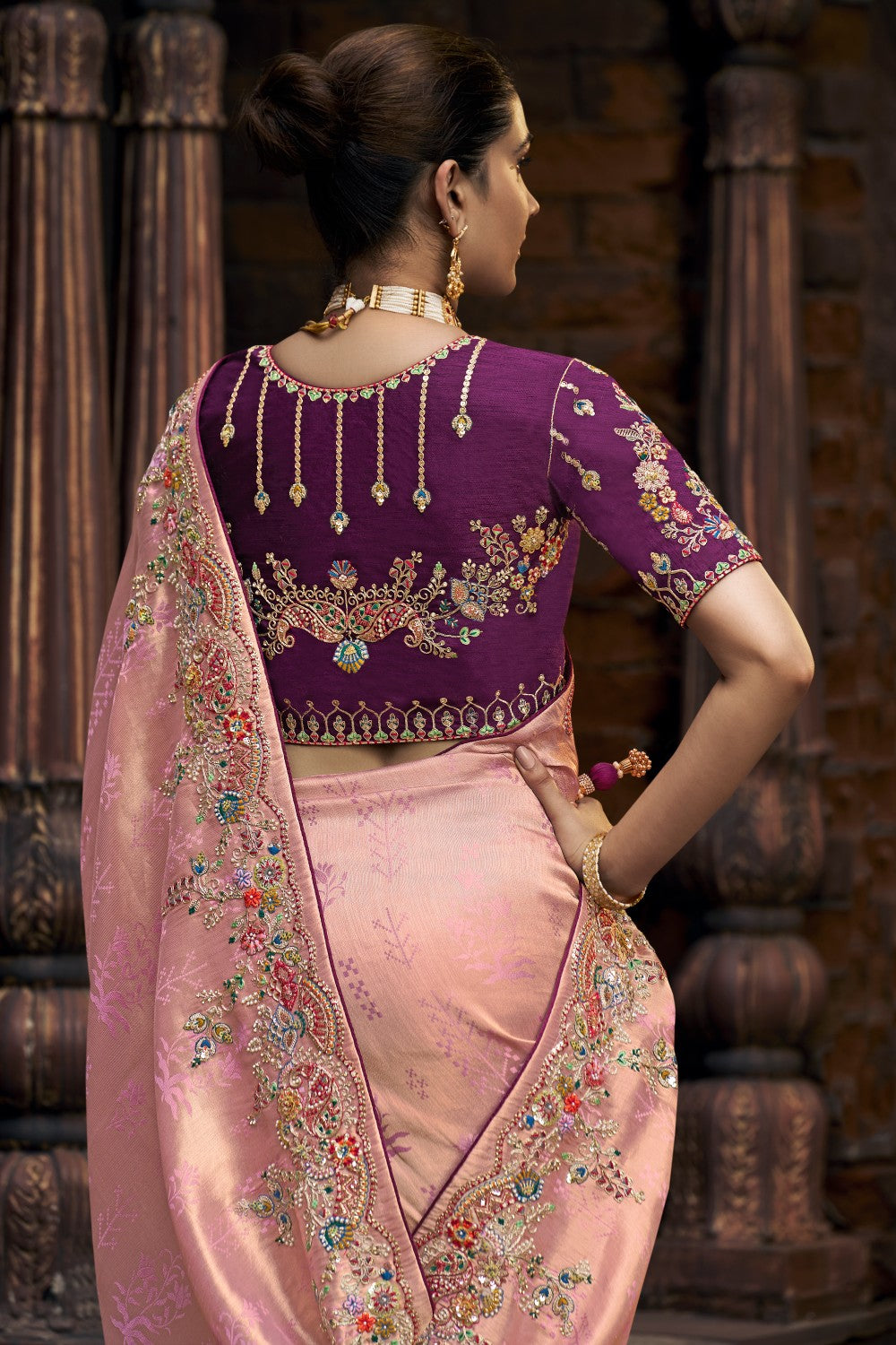 Luxury Pink Saree with Stone Work & Purple Blouse – Bridal & Festive Collection - Krishree