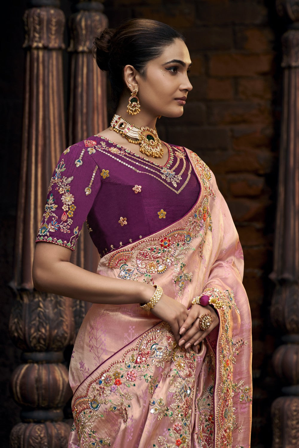 Luxury Pink Saree with Stone Work & Purple Blouse – Bridal & Festive Collection - Krishree