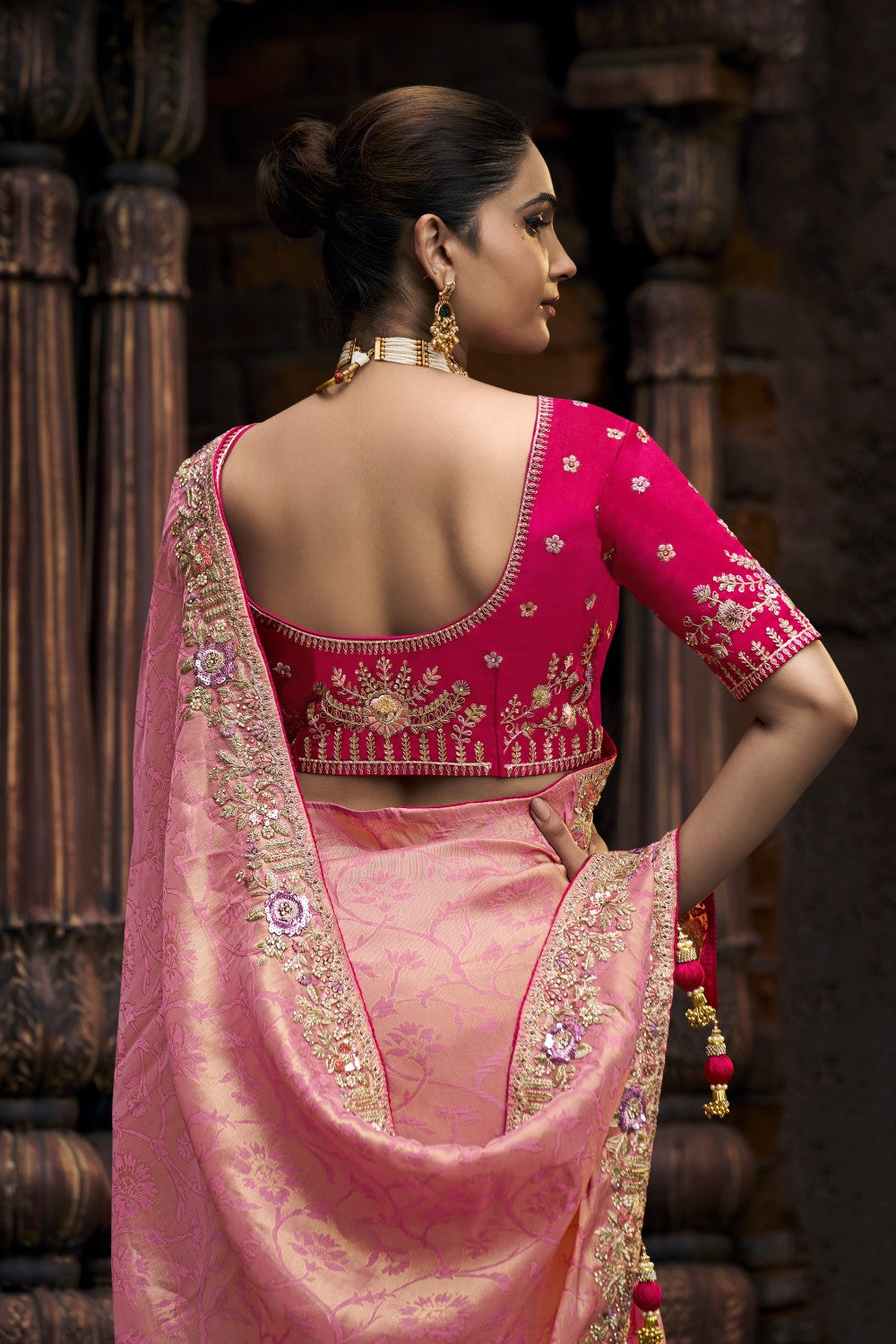 Rose Gold Saree with Woven Patterns and Magenta Embroidered Blouse - Krishree