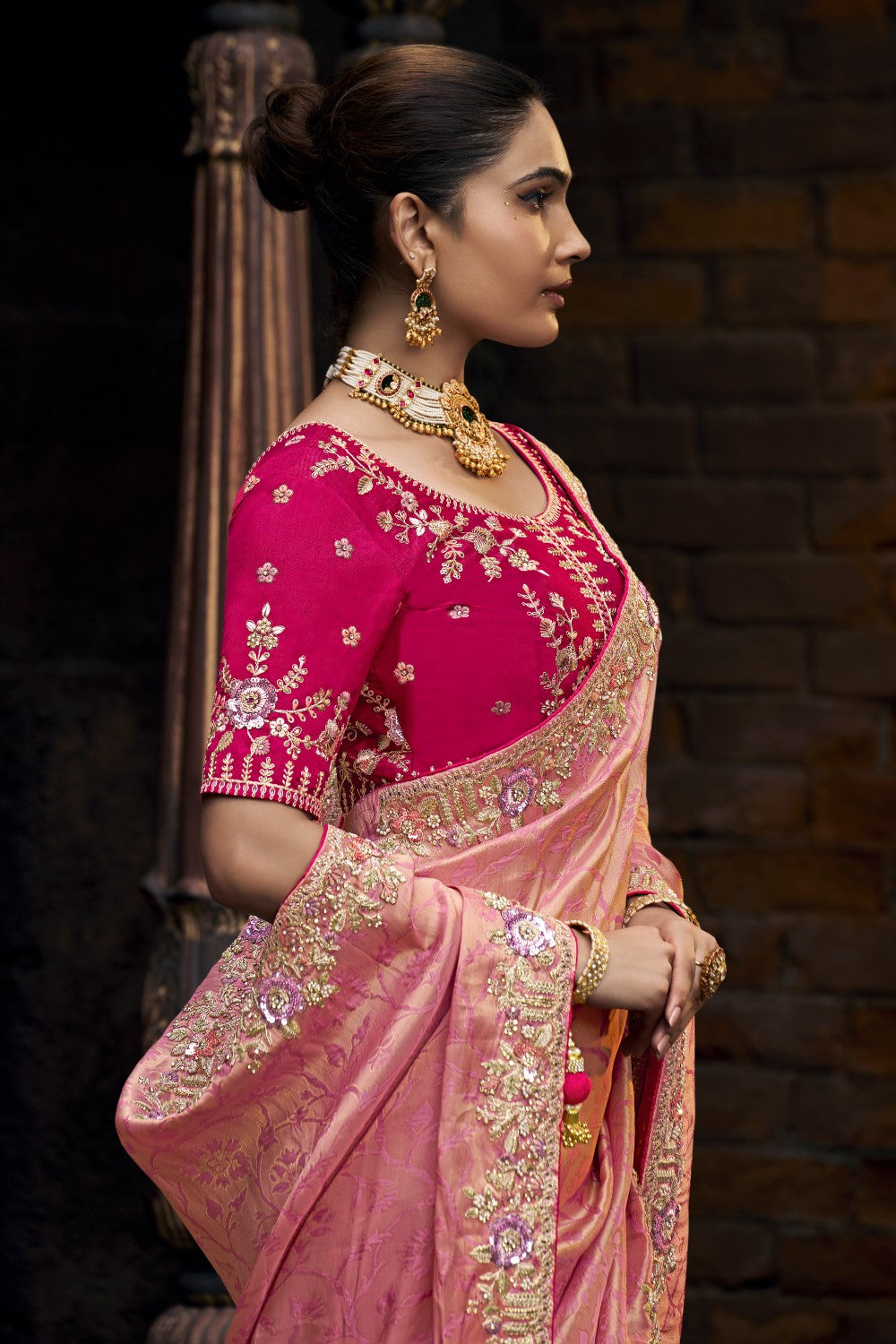 Rose Gold Saree with Woven Patterns and Magenta Embroidered Blouse - Krishree