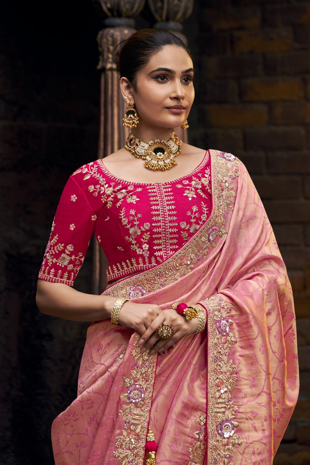 Rose Gold Saree with Woven Patterns and Magenta Embroidered Blouse - Krishree