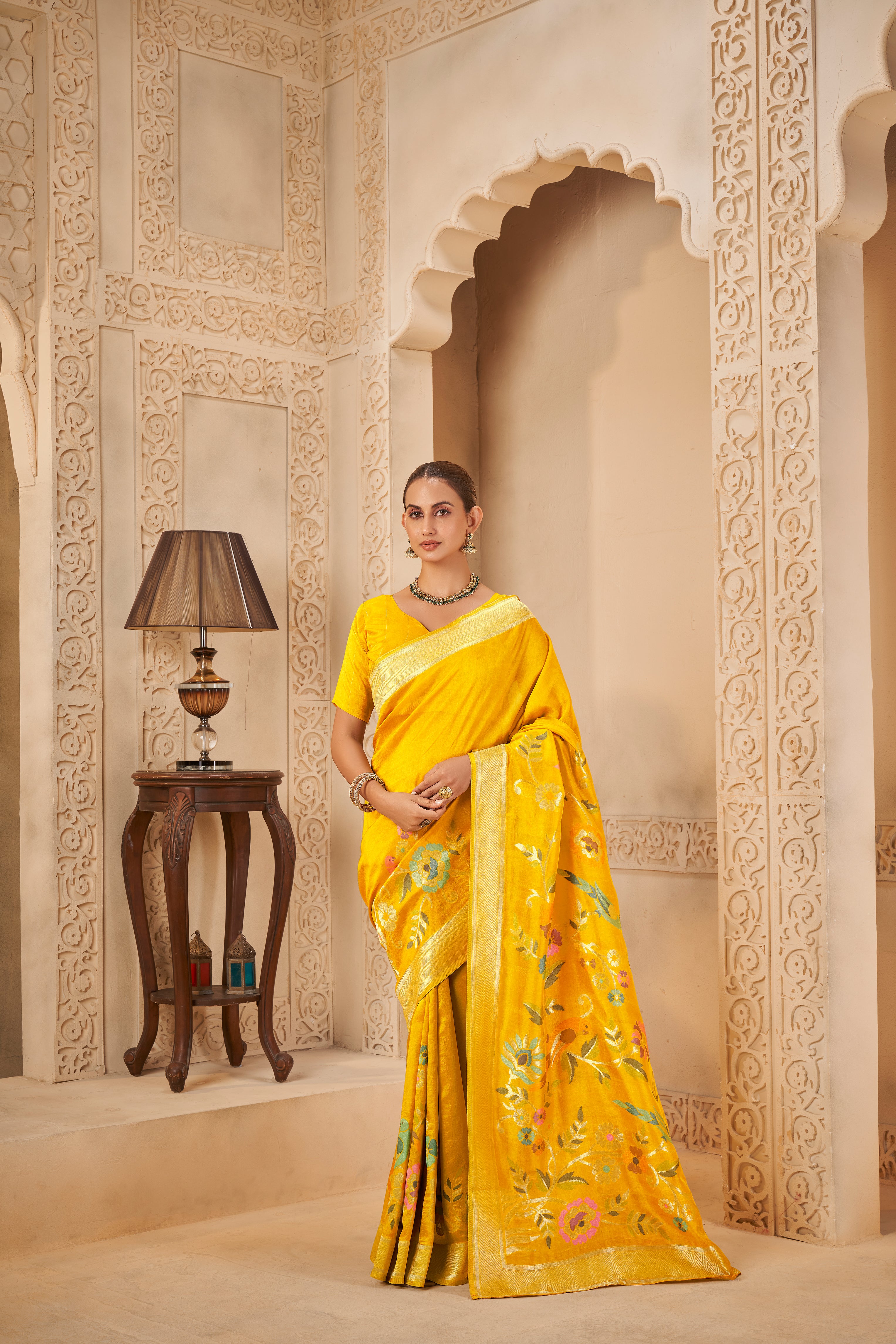 Sunshine Yellow Saree with Silver Border & Floral Print - Krishree