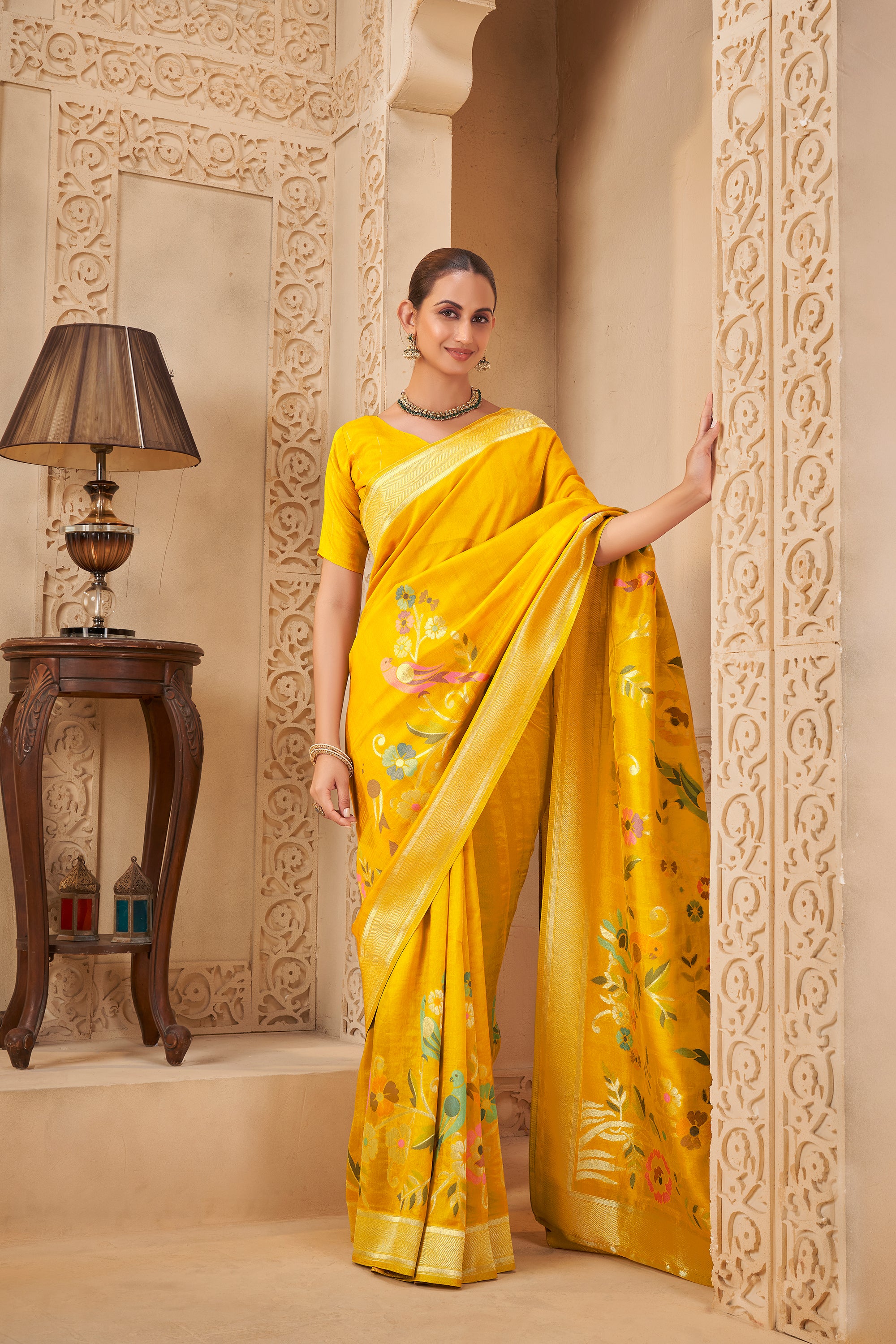 Sunshine Yellow Saree with Silver Border & Floral Print - Krishree