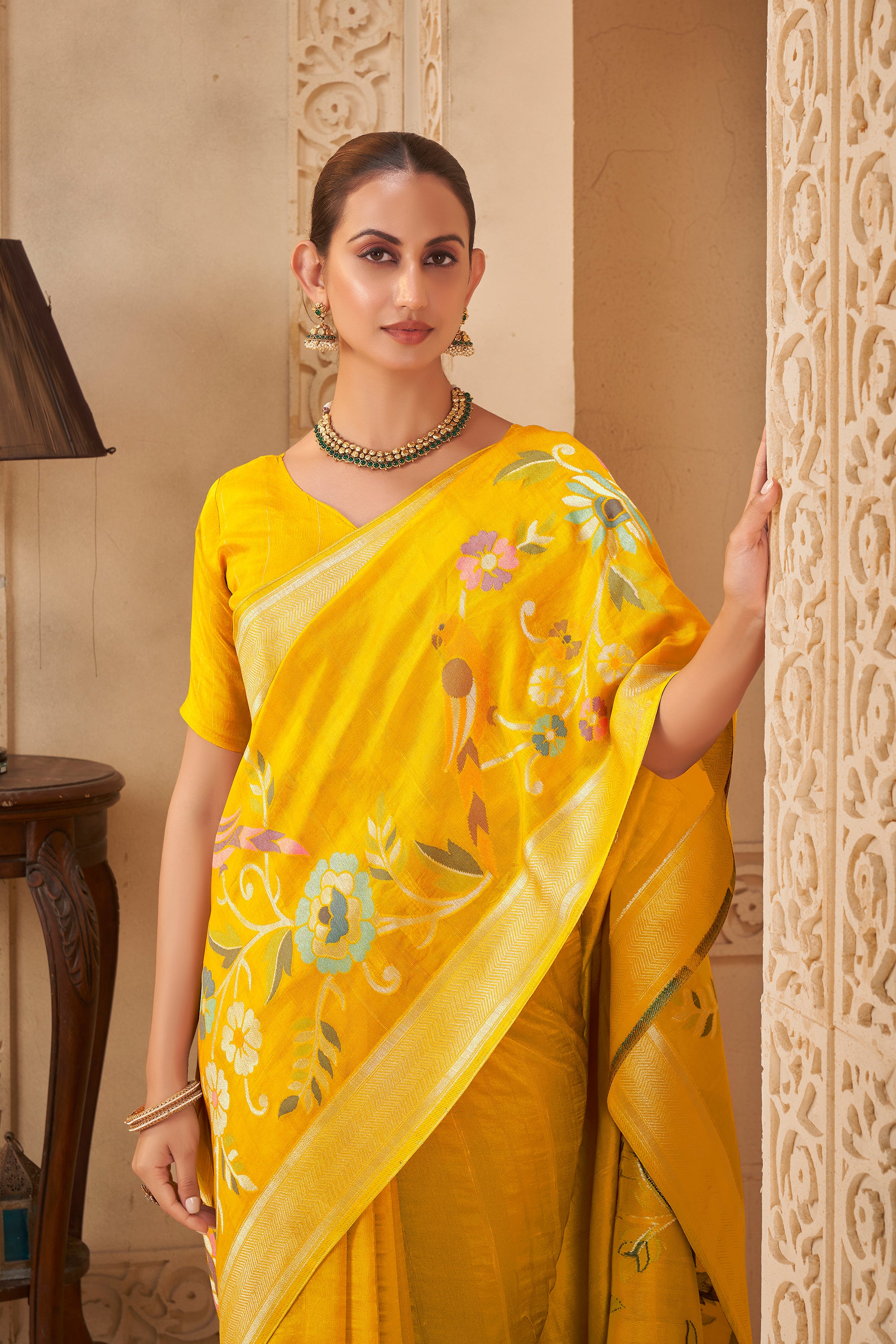 Sunshine Yellow Saree with Silver Border & Floral Print - Krishree