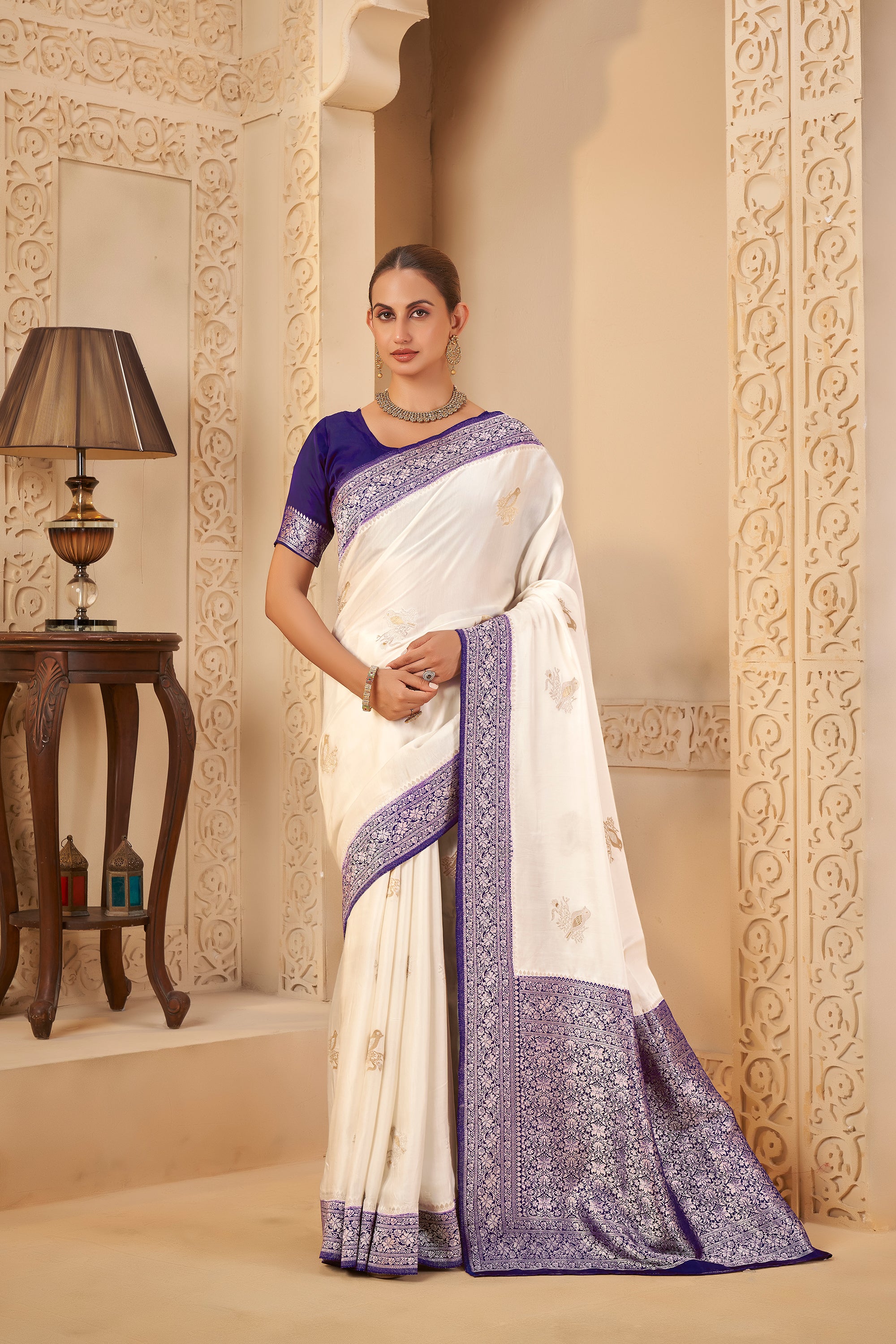 Divine White Saree with Purple Accents – Tradition Meets Luxury - Krishree