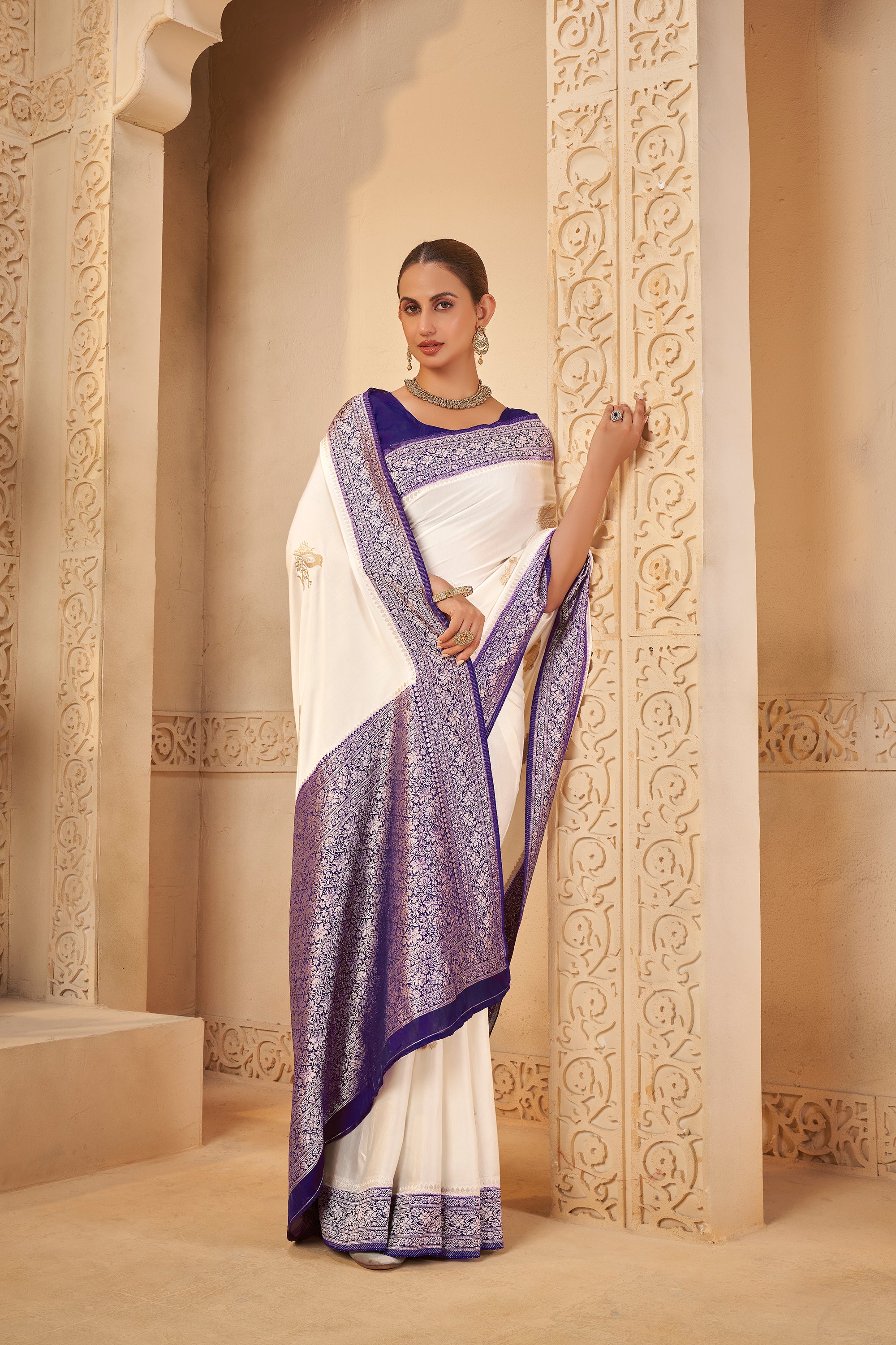 Divine White Saree with Purple Accents – Tradition Meets Luxury - Krishree