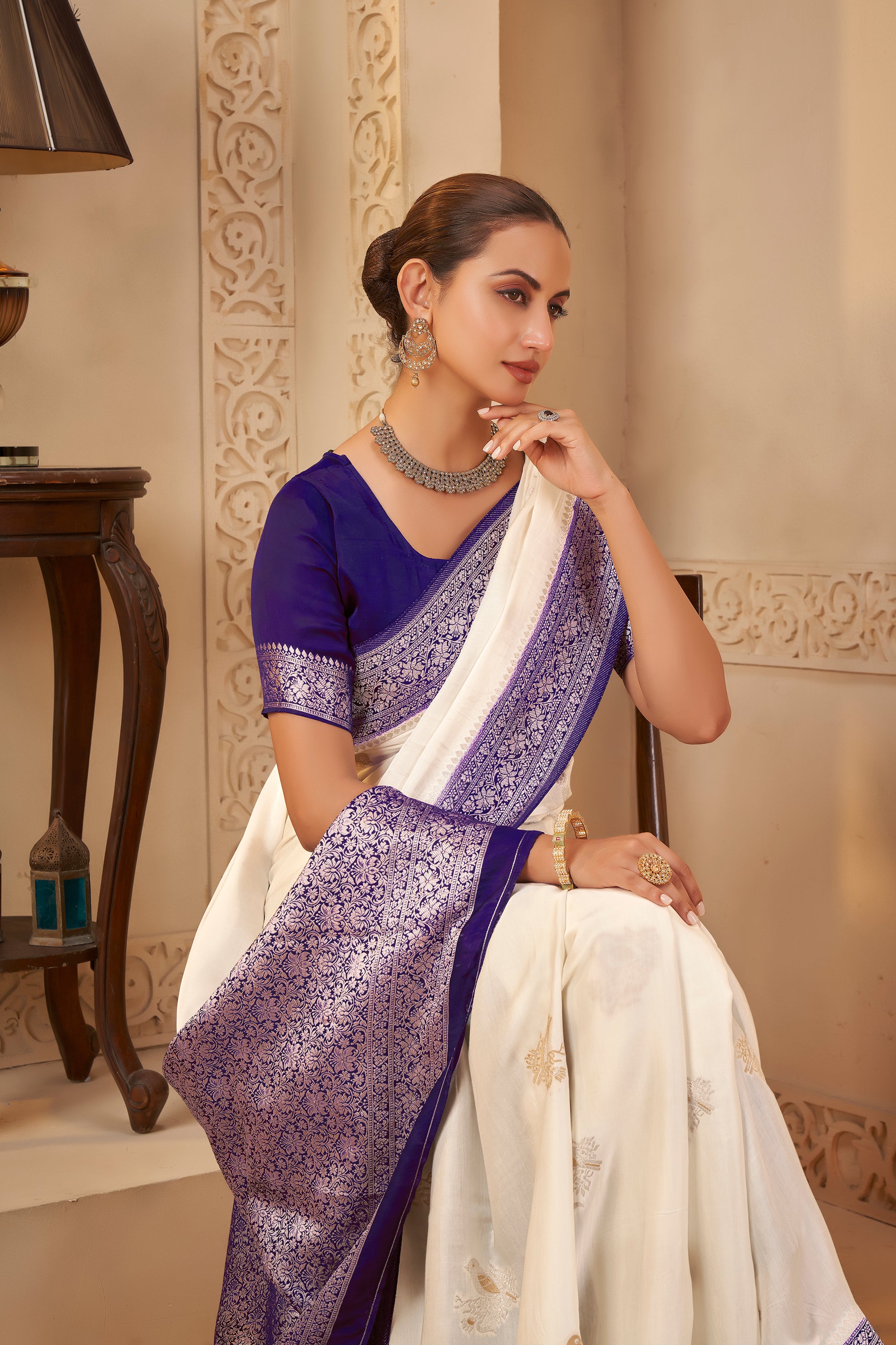 Divine White Saree with Purple Accents – Tradition Meets Luxury - Krishree