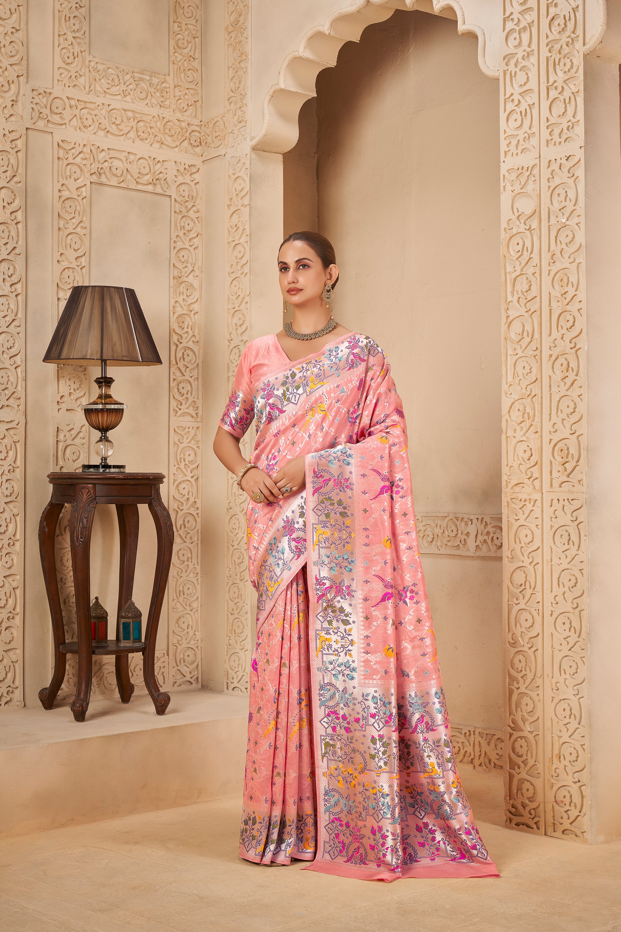 Peach Pink Saree with Silver Zari Border & Multicolor Weave - Krishree