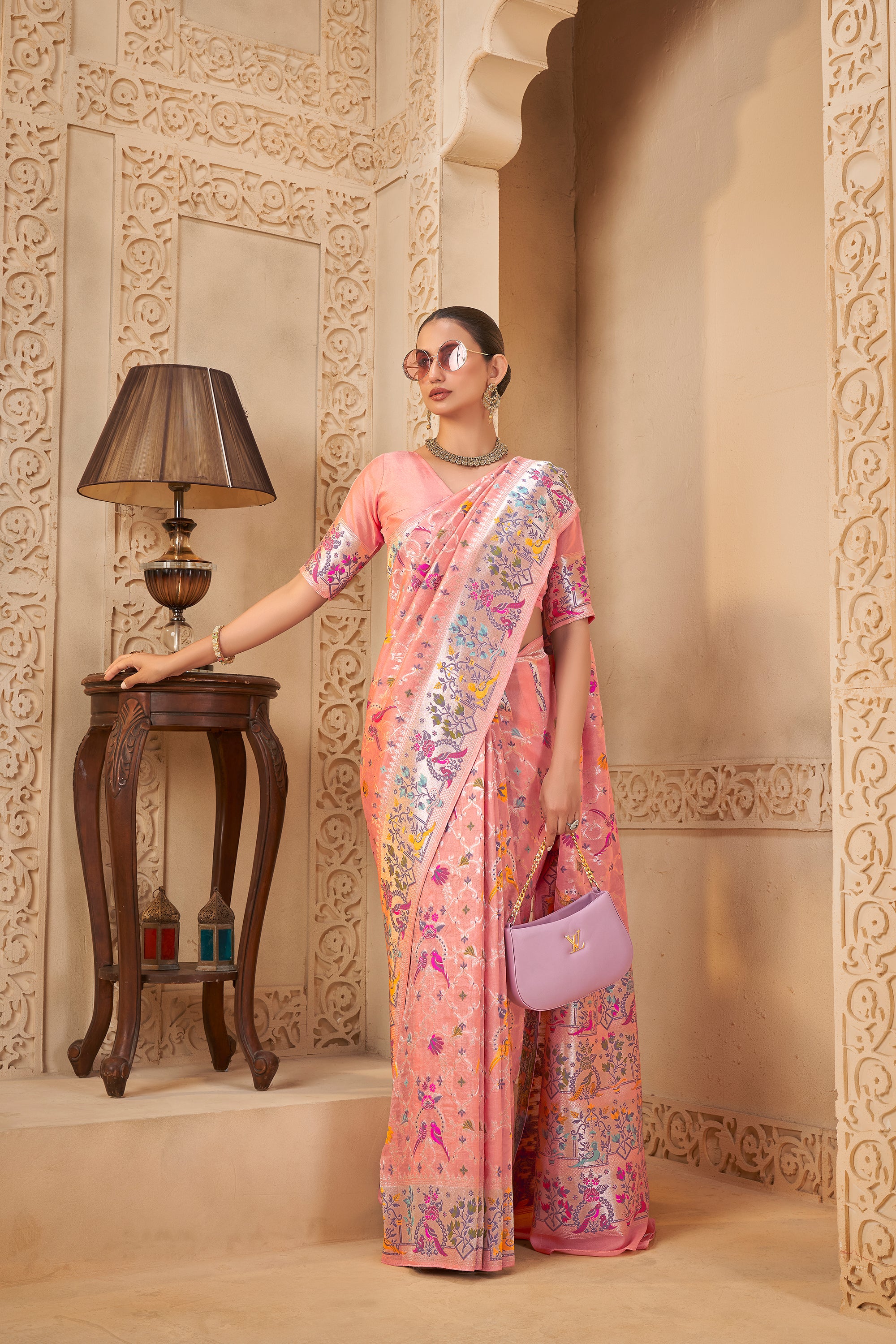Peach Pink Saree with Silver Zari Border & Multicolor Weave - Krishree