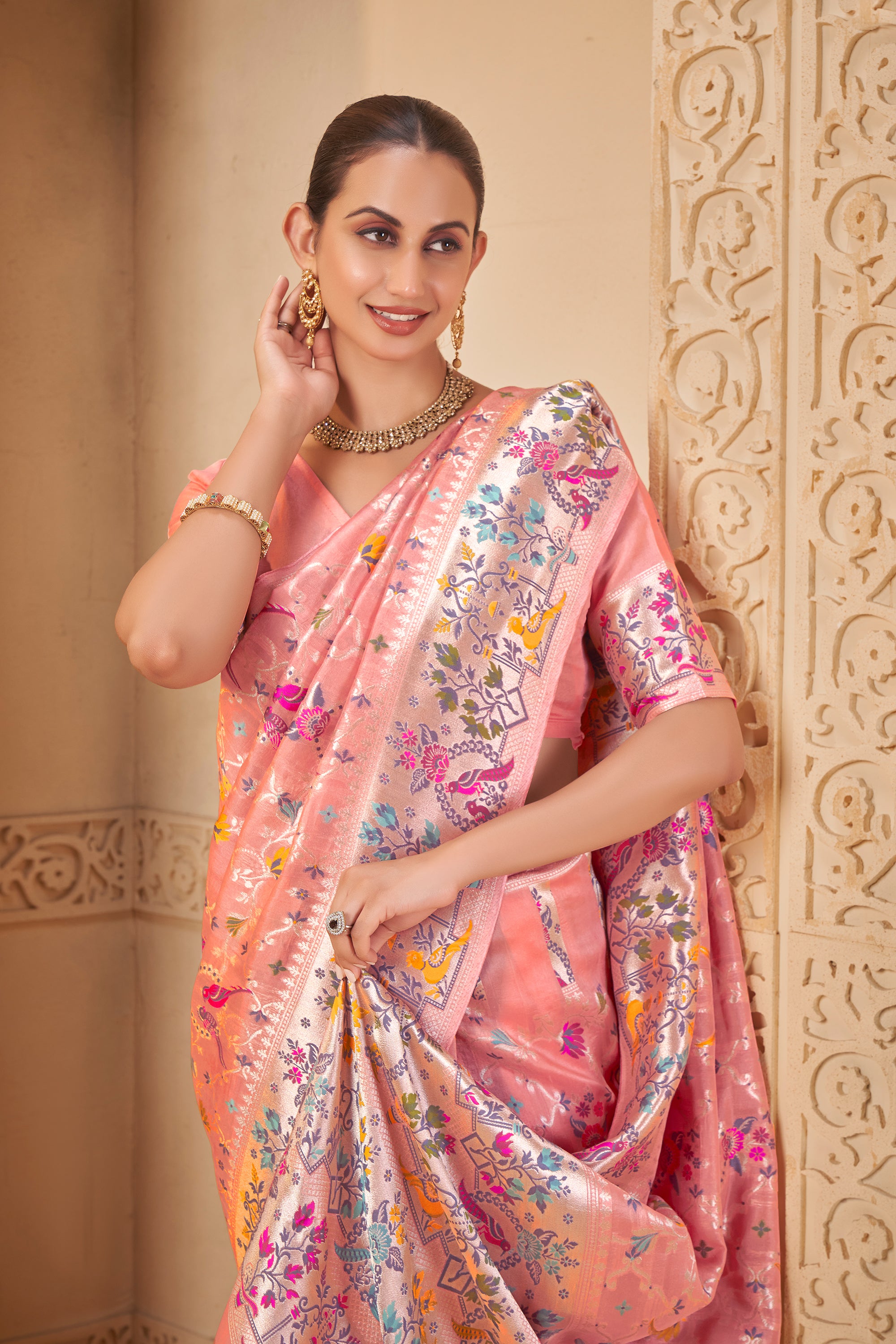 Peach Pink Saree with Silver Zari Border & Multicolor Weave - Krishree