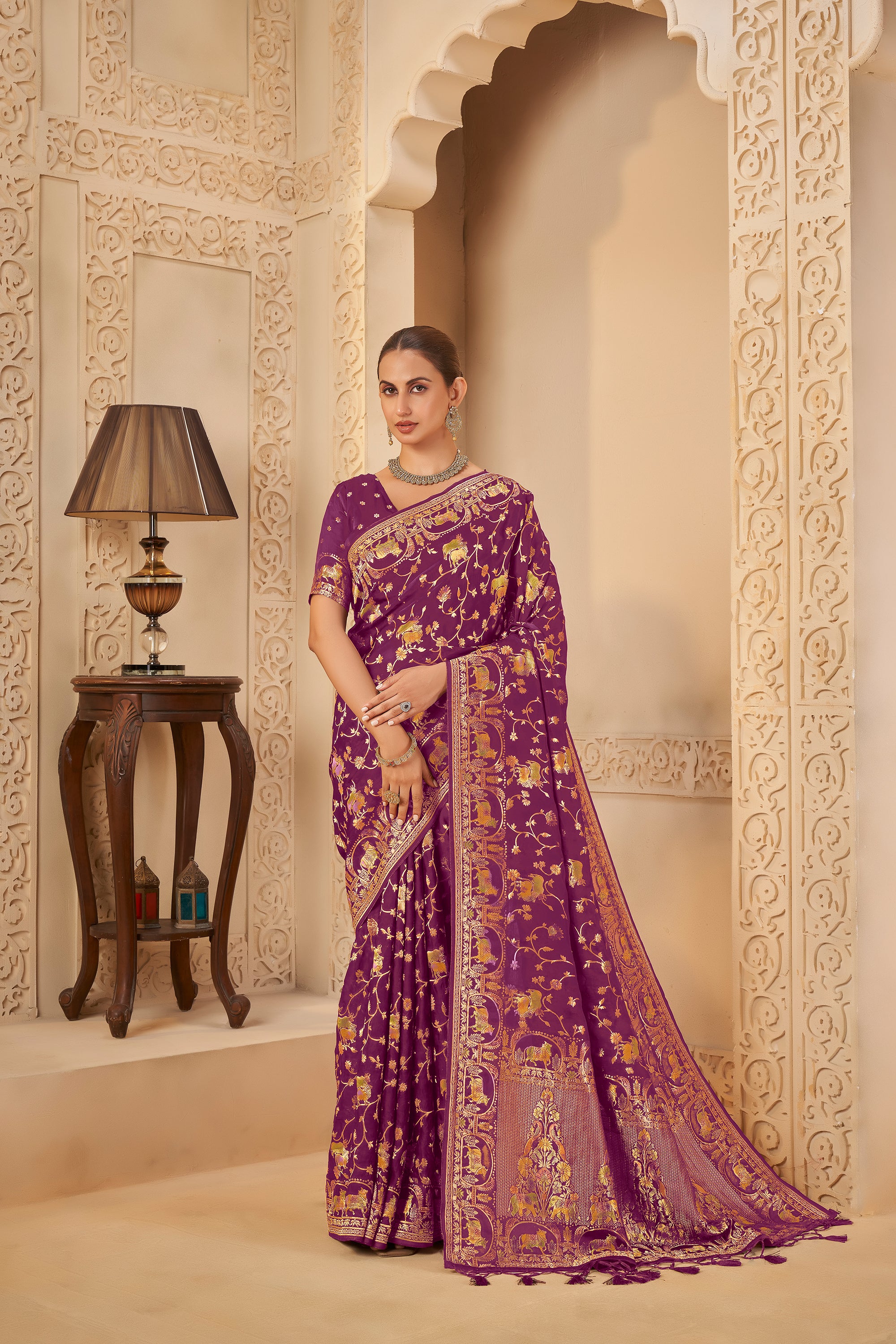 Rich Purple Saree with Regal Golden Elephant & Peacock Motifs - Krishree
