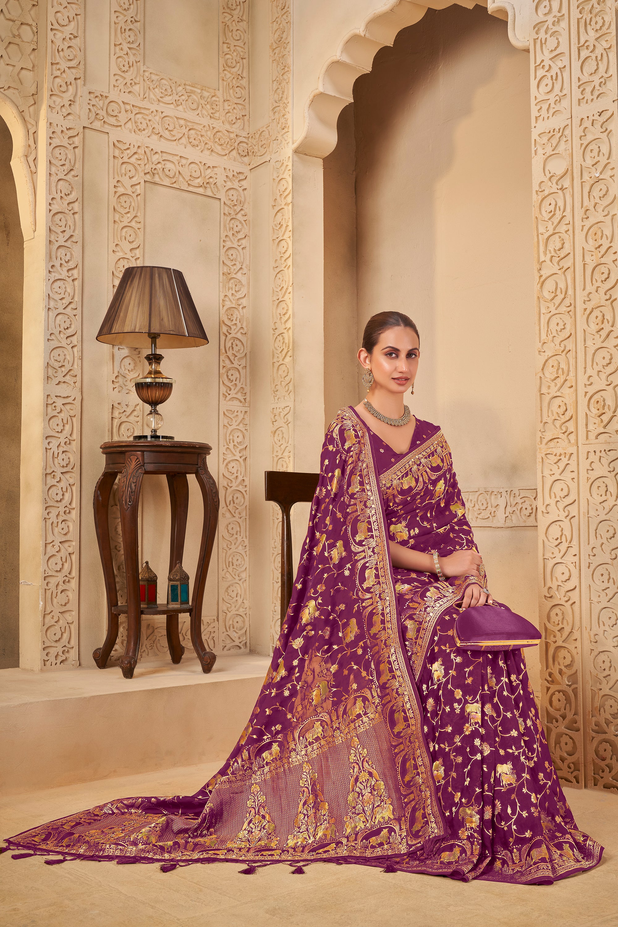 Rich Purple Saree with Regal Golden Elephant & Peacock Motifs - Krishree