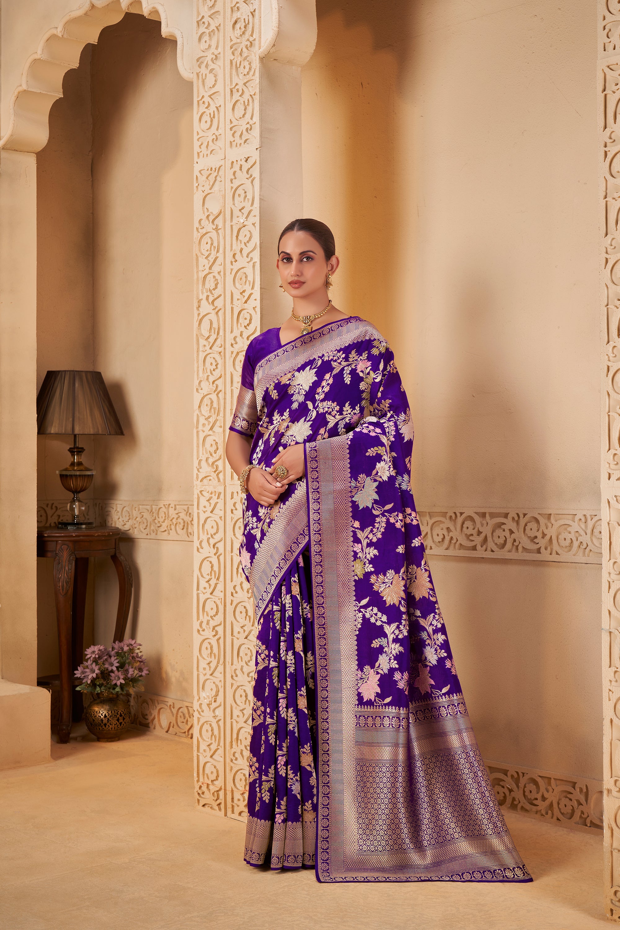 Royal Purple Saree with Silver Zari Border & Floral Weave - Krishree