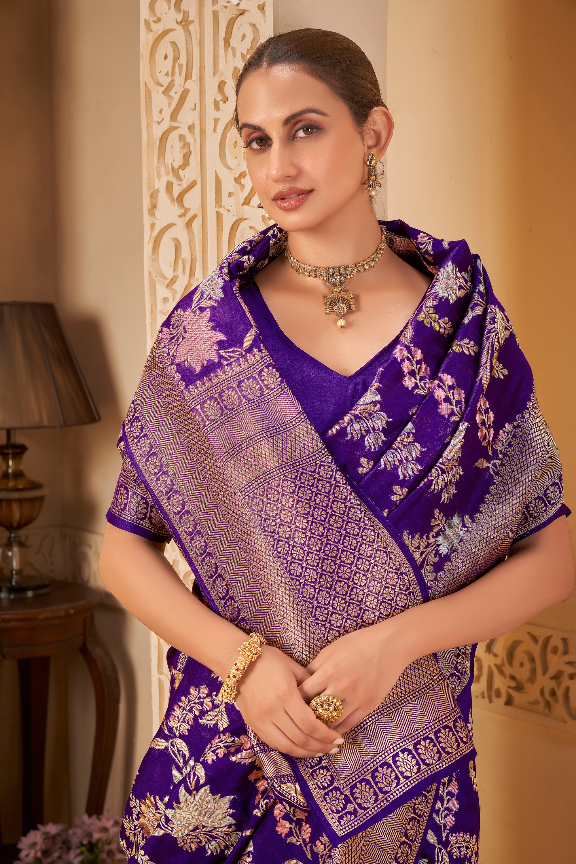 Royal Purple Saree with Silver Zari Border & Floral Weave - Krishree