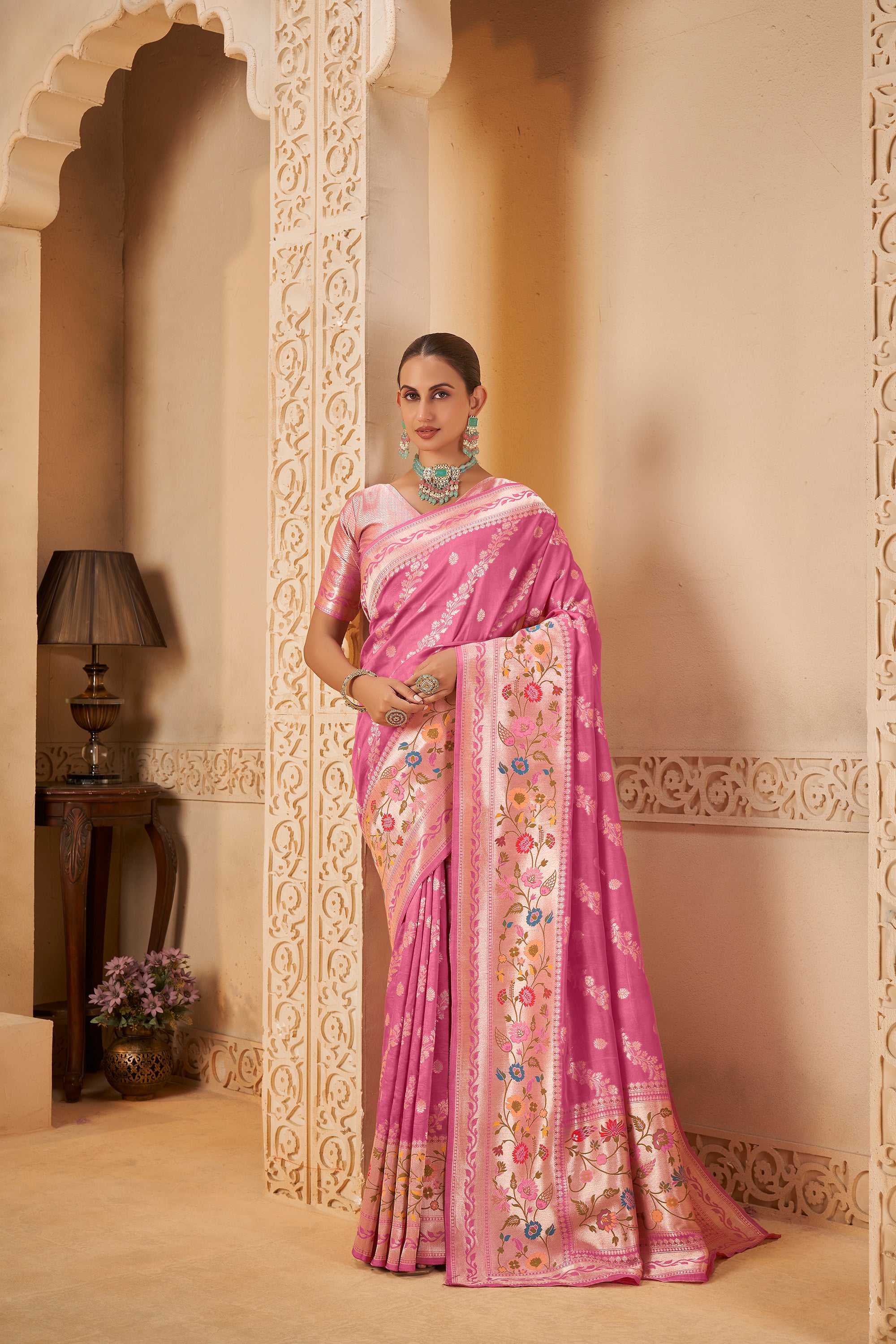 Elegant Pink Saree with Zari Pallu and Intricate Floral Motifs - Krishree