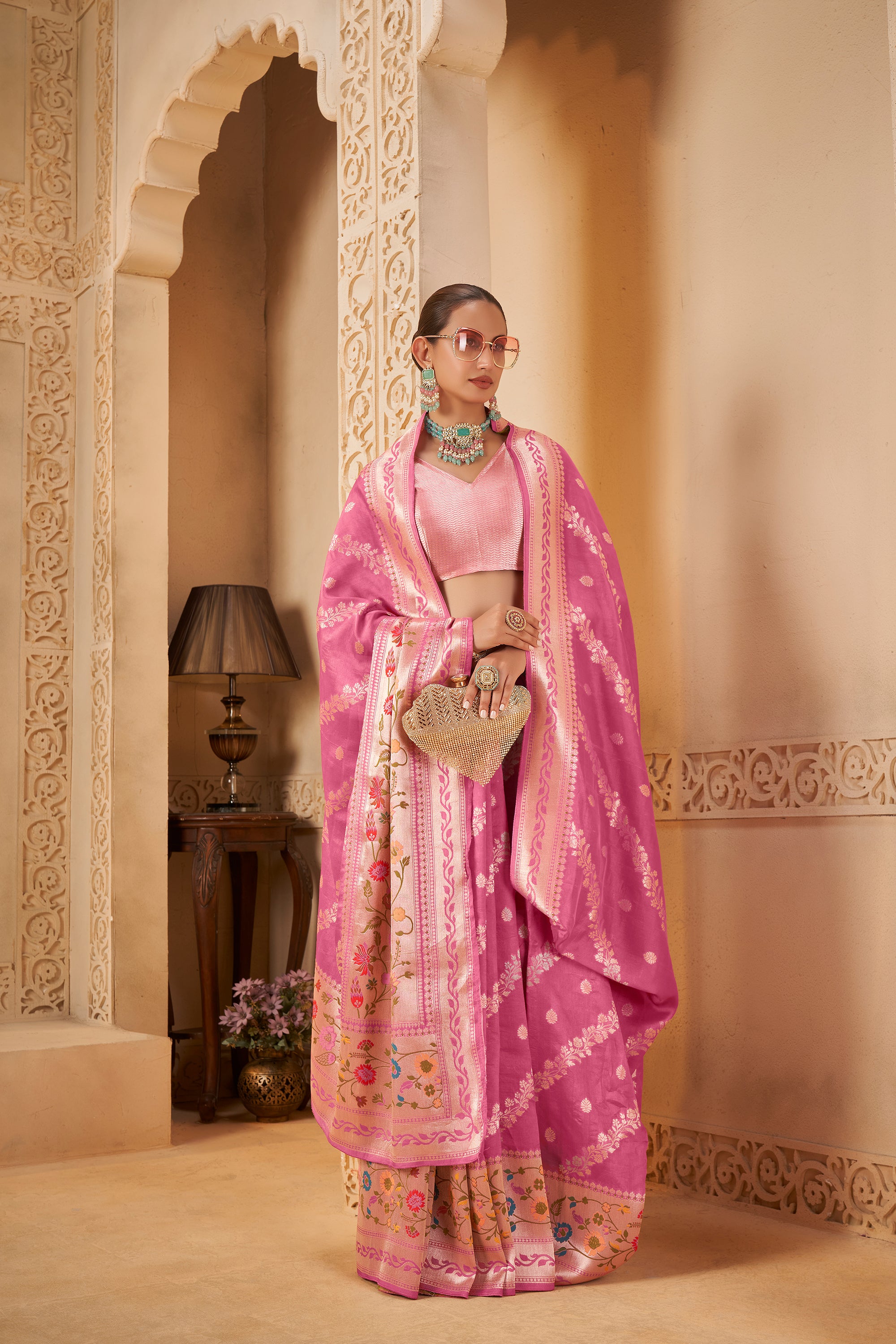 Elegant Pink Saree with Zari Pallu and Intricate Floral Motifs - Krishree