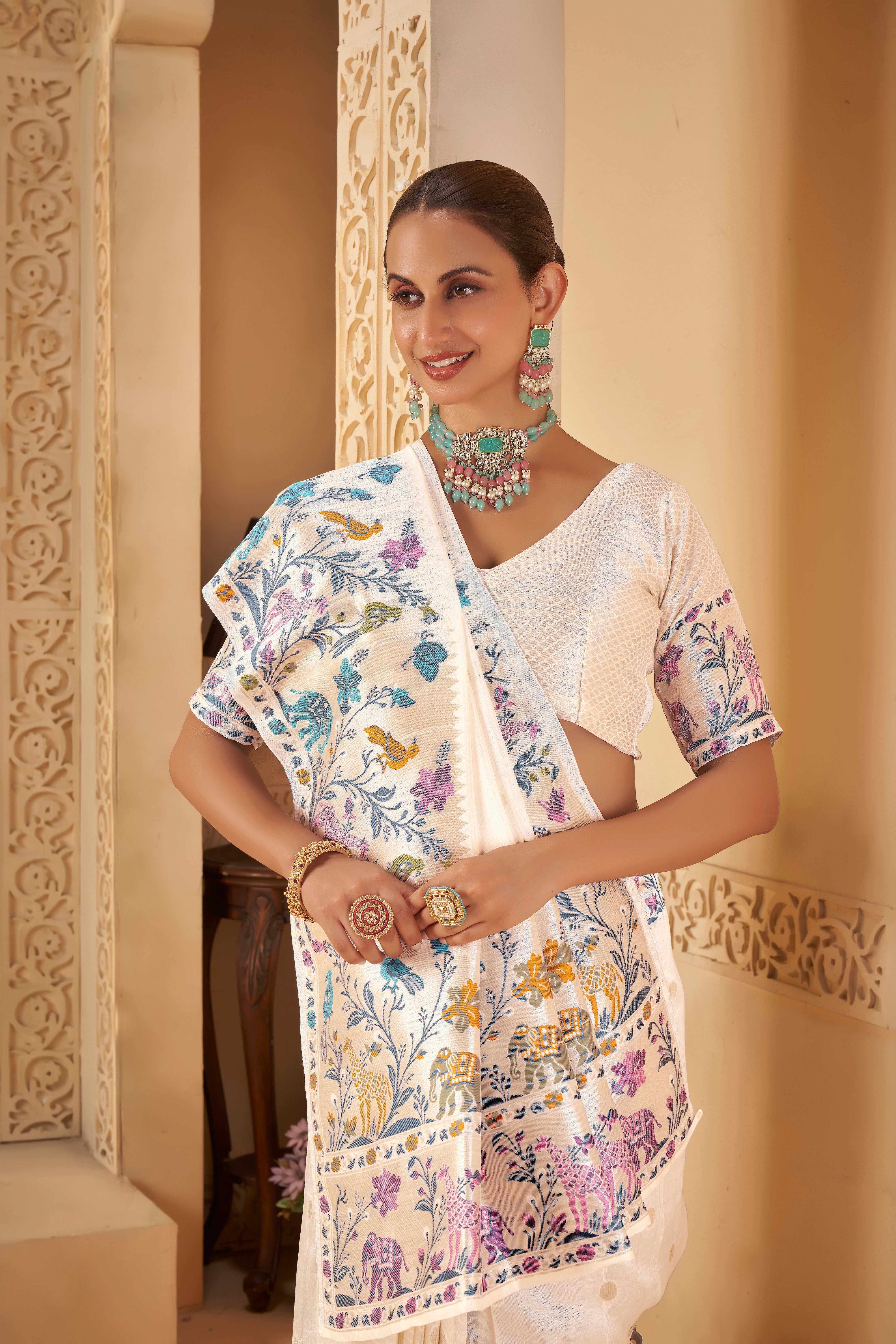 White Saree – Nature-Inspired Heritage Design - Krishree