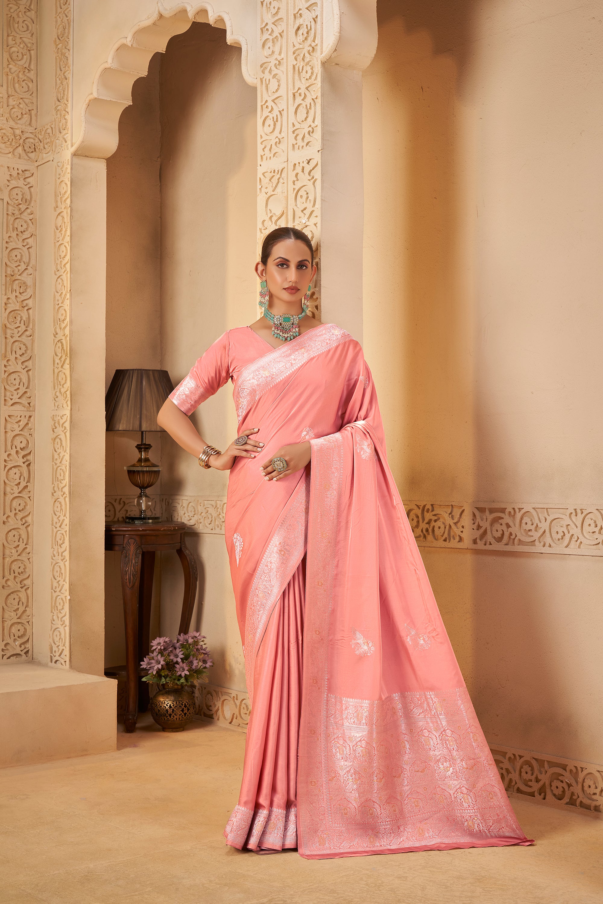 Charming Coral Pink Saree – Elegant & Radiant - Krishree