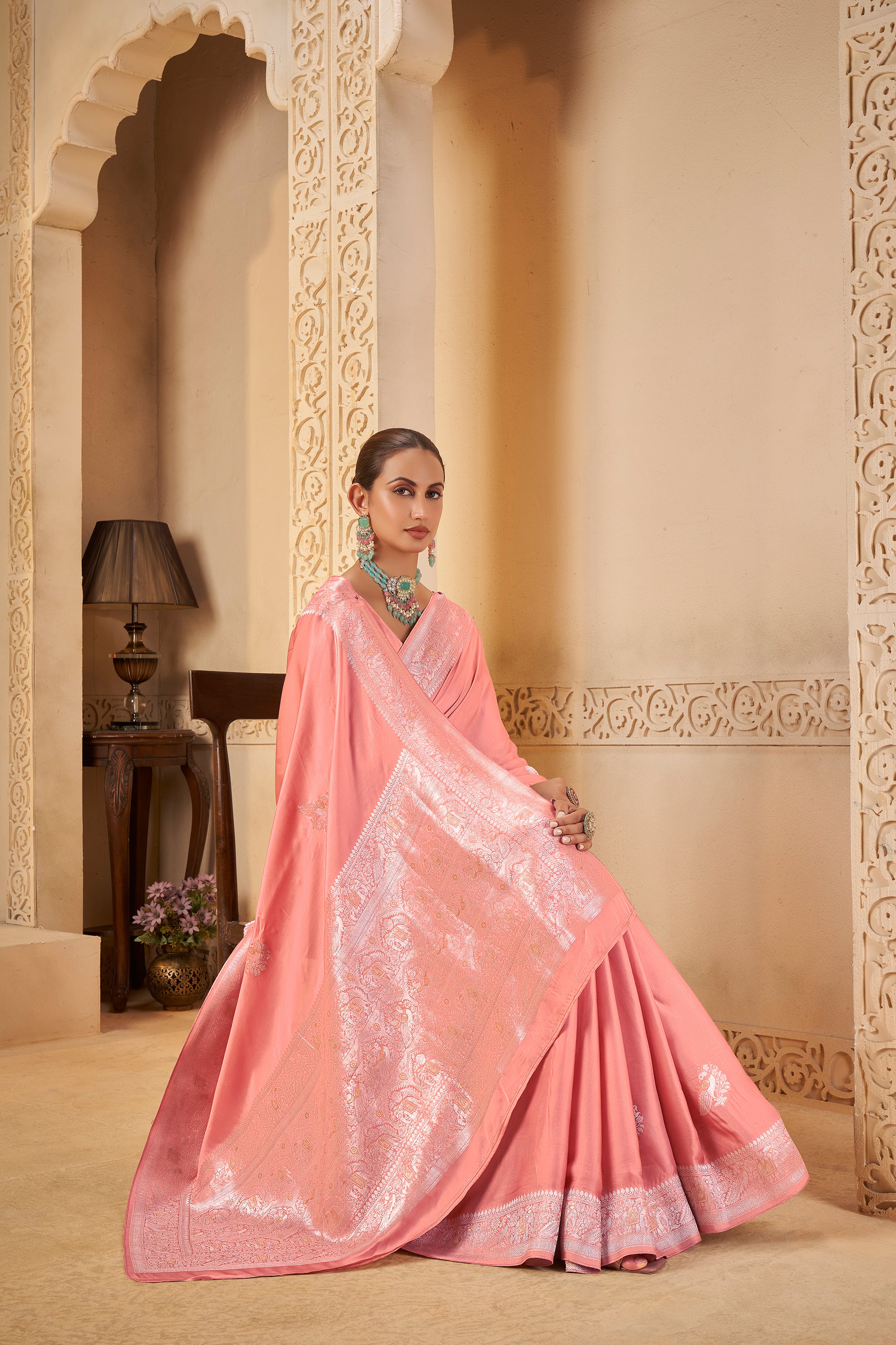 Charming Coral Pink Saree – Elegant & Radiant - Krishree