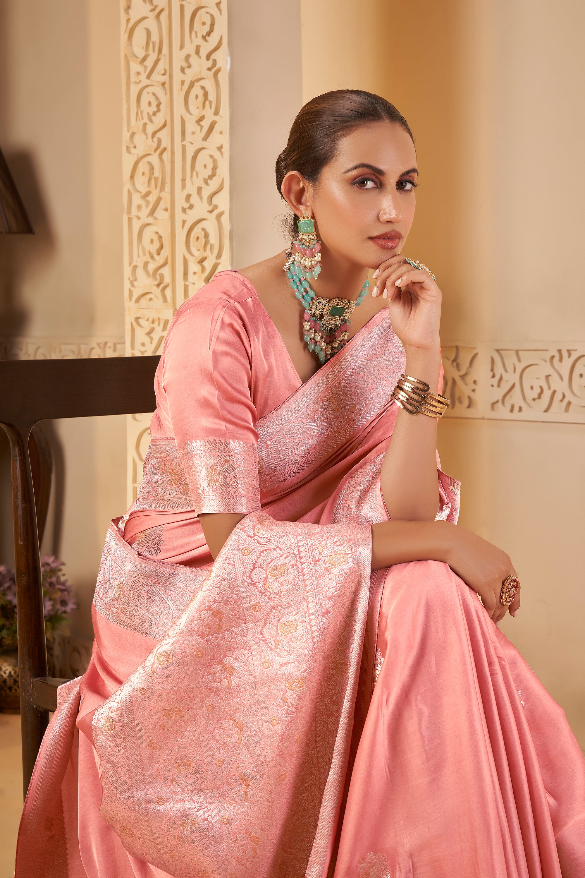 Charming Coral Pink Saree – Elegant & Radiant - Krishree