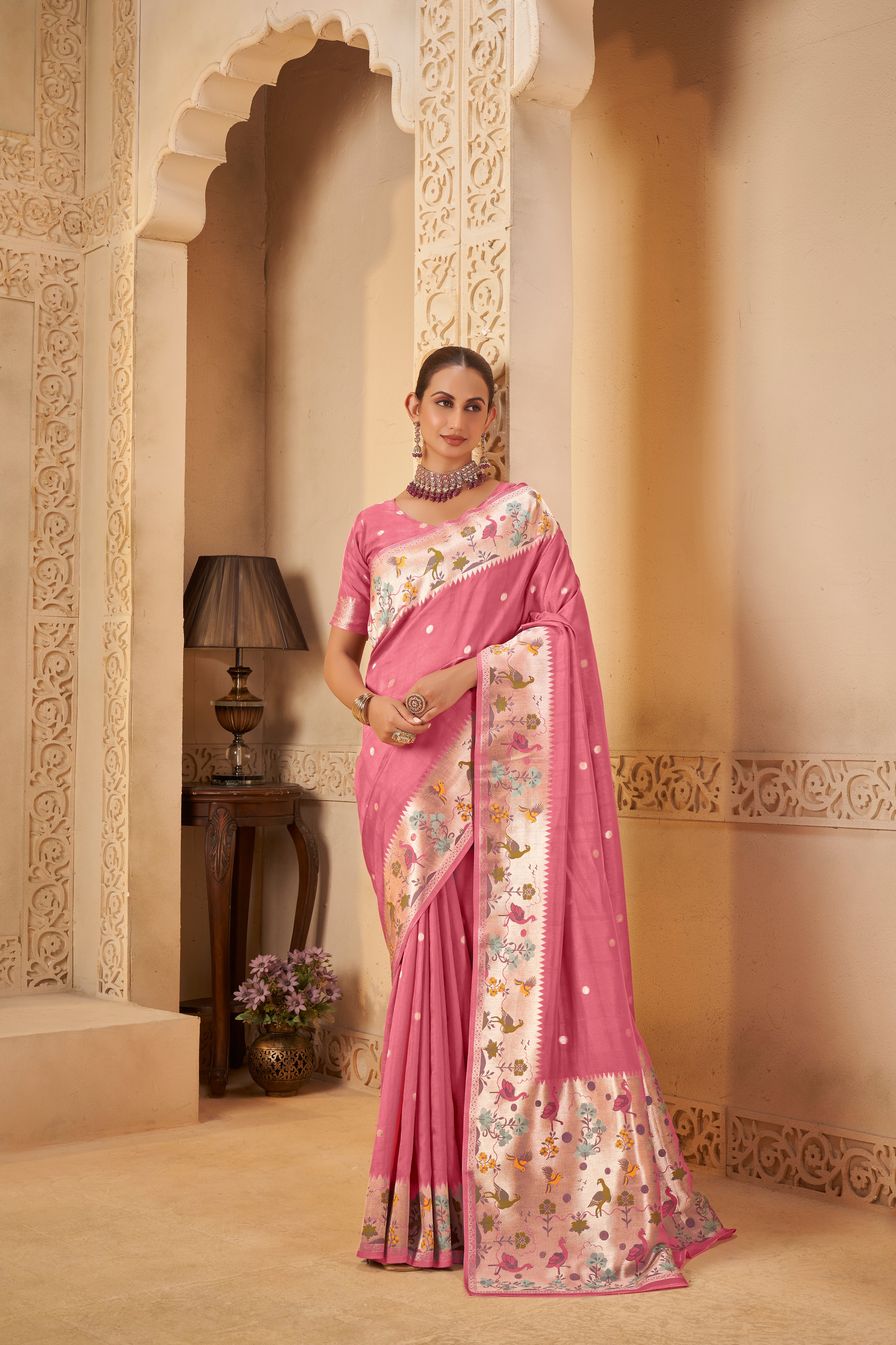 Pink Saree – Polka Weave with Designer Border - Krishree