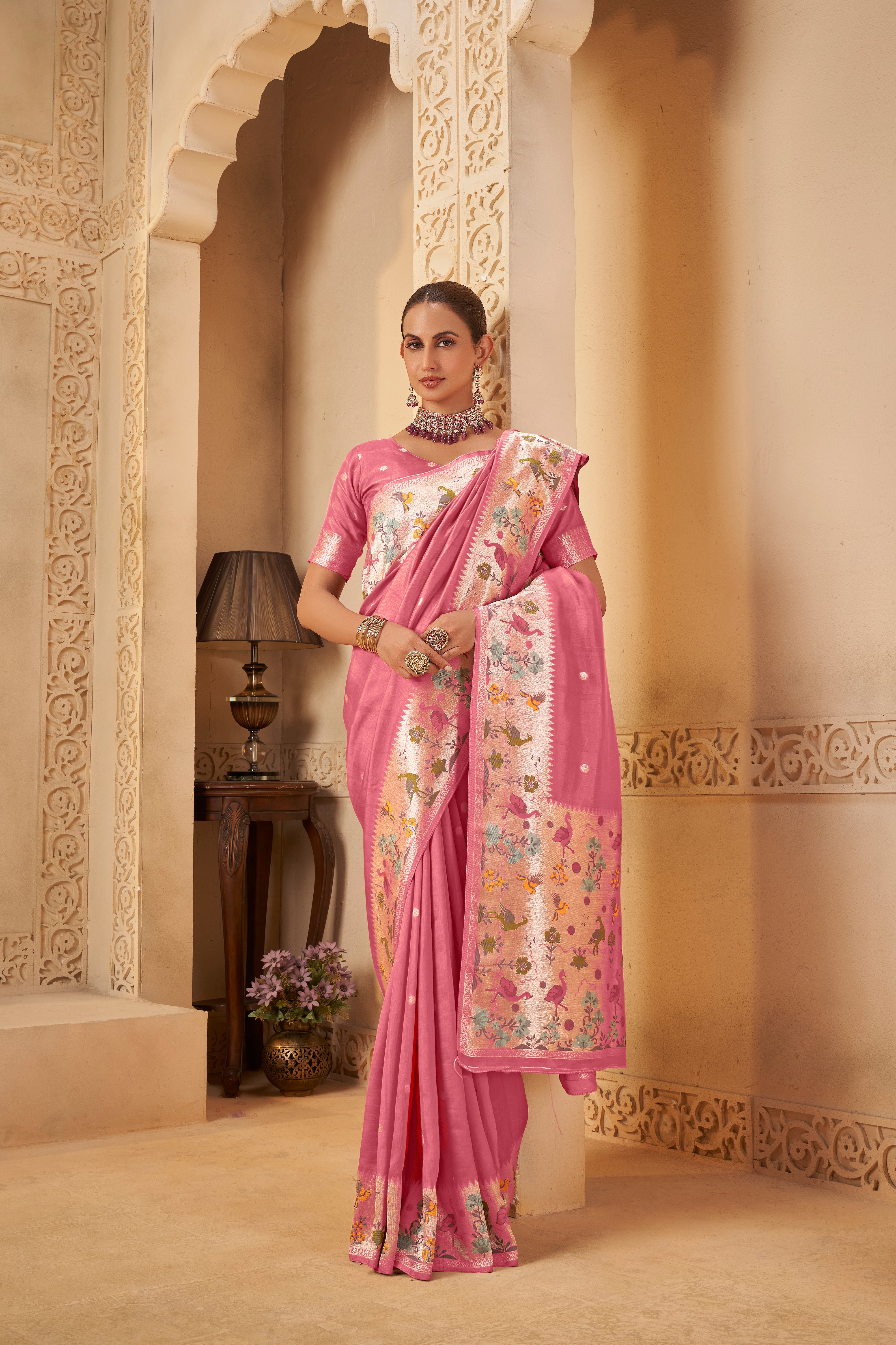 Pink Saree – Polka Weave with Designer Border - Krishree