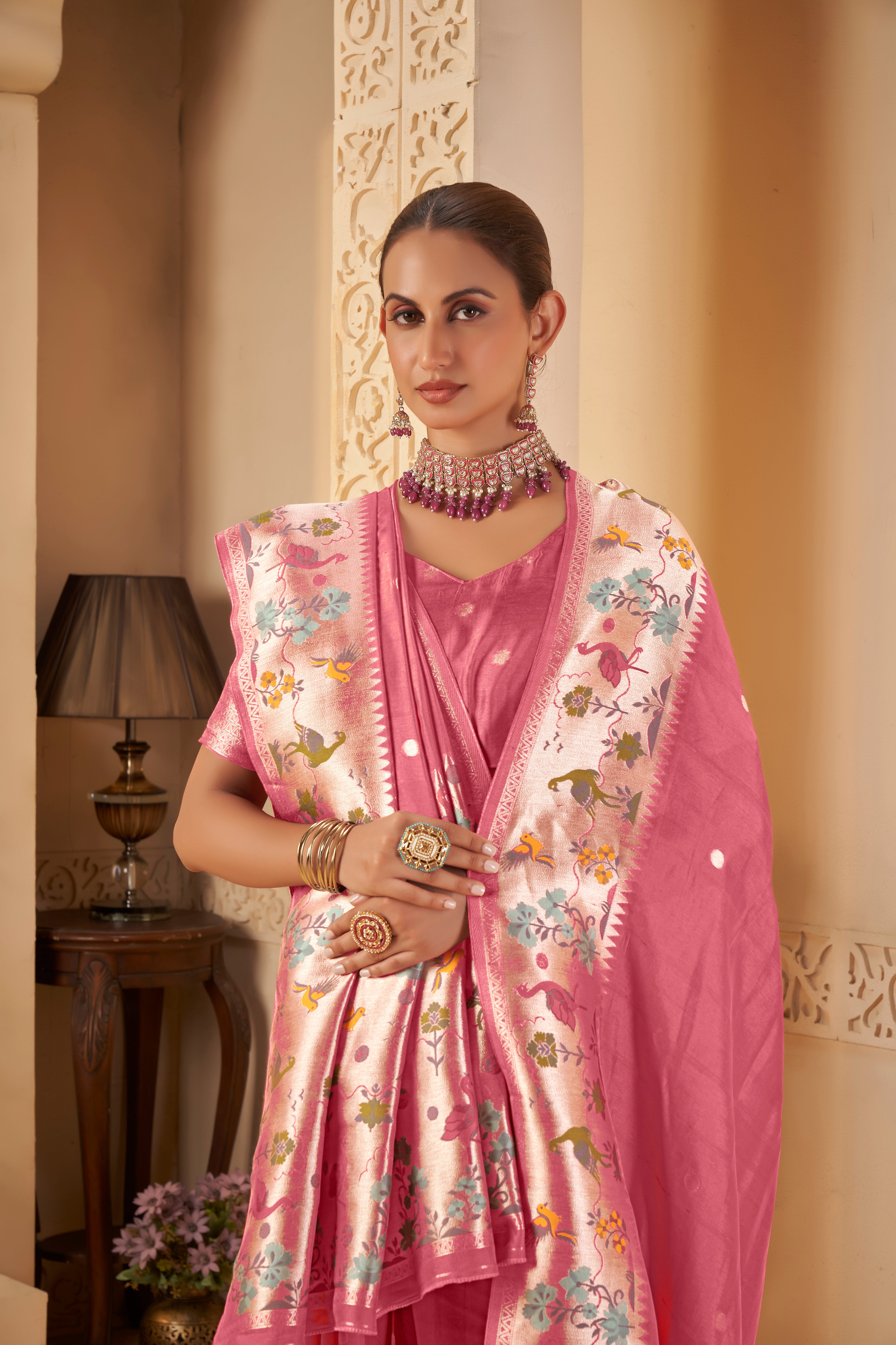 Pink Saree – Polka Weave with Designer Border - Krishree