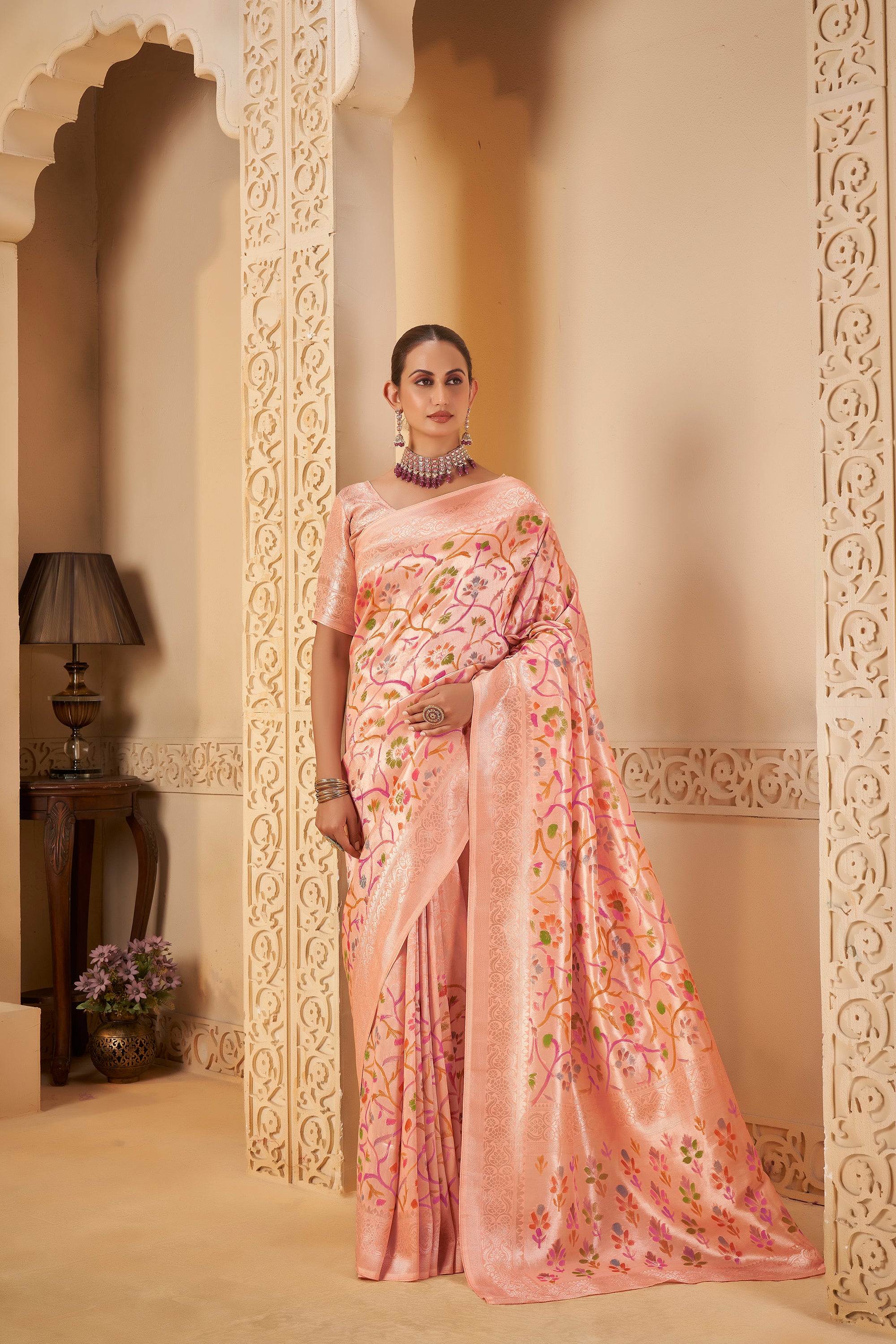 Soft Pastel Saree with Vibrant Multicolor Floral Motifs & Matching Blouse - Krishree