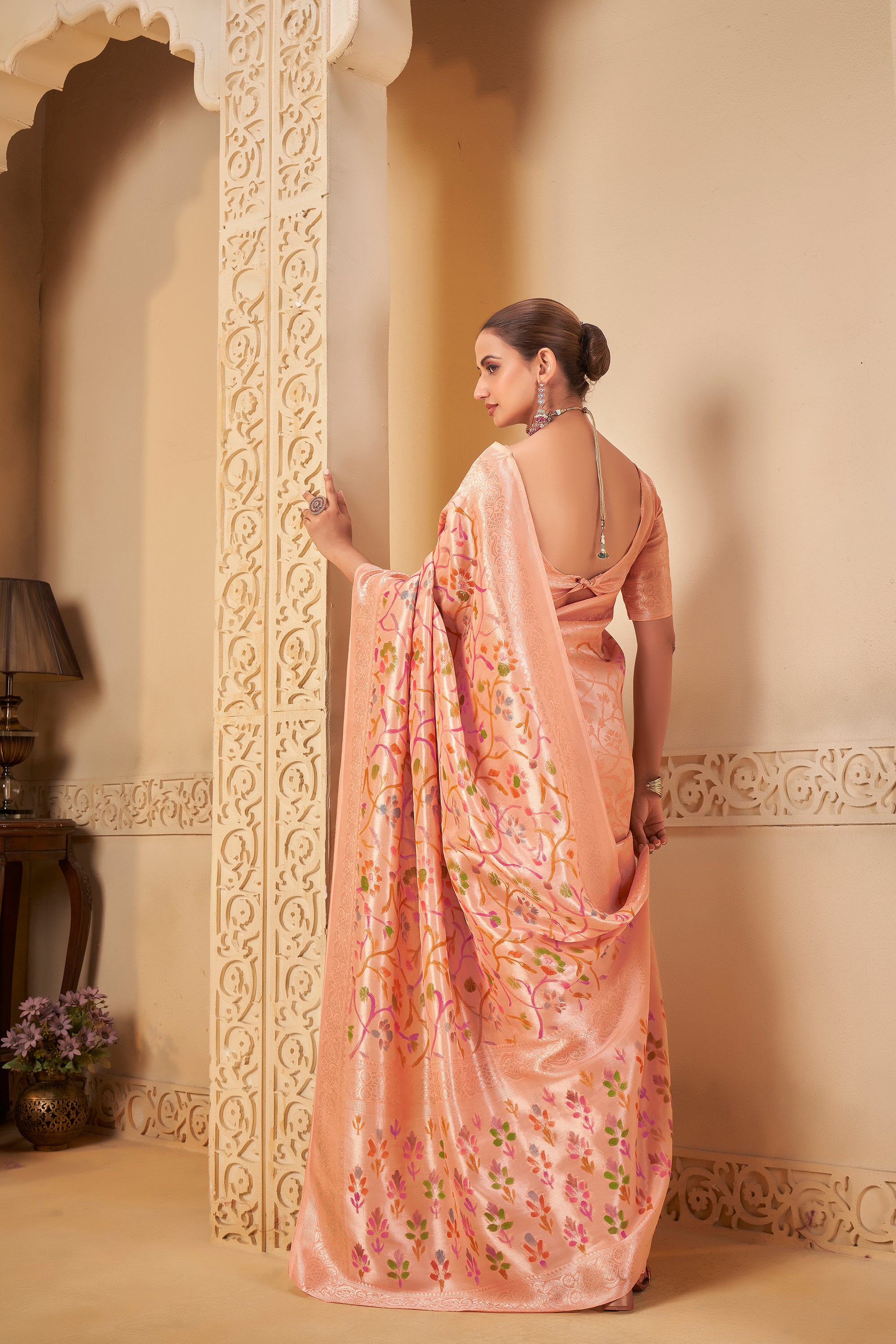 Soft Pastel Saree with Vibrant Multicolor Floral Motifs & Matching Blouse - Krishree