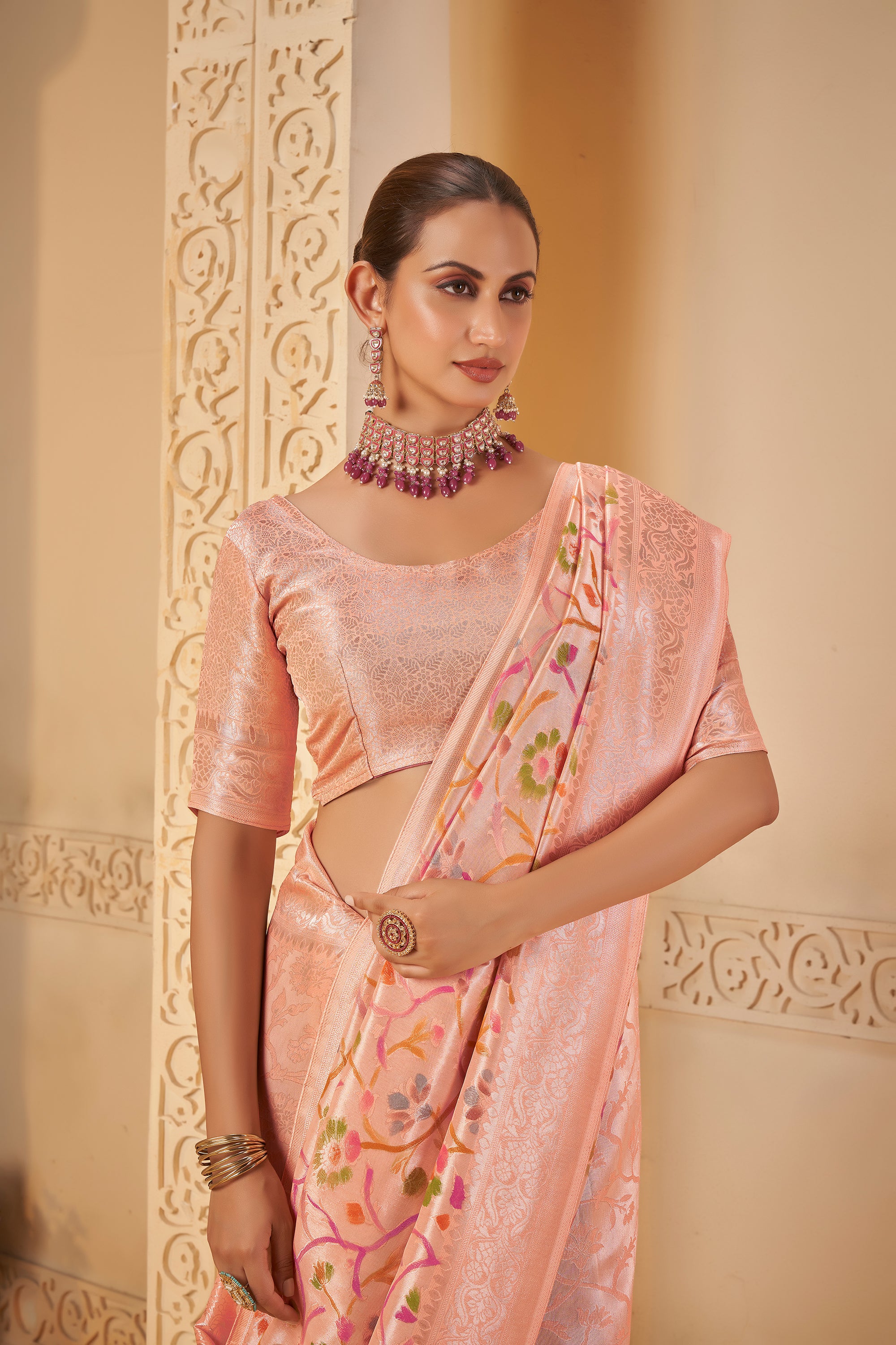 Soft Pastel Saree with Vibrant Multicolor Floral Motifs & Matching Blouse - Krishree