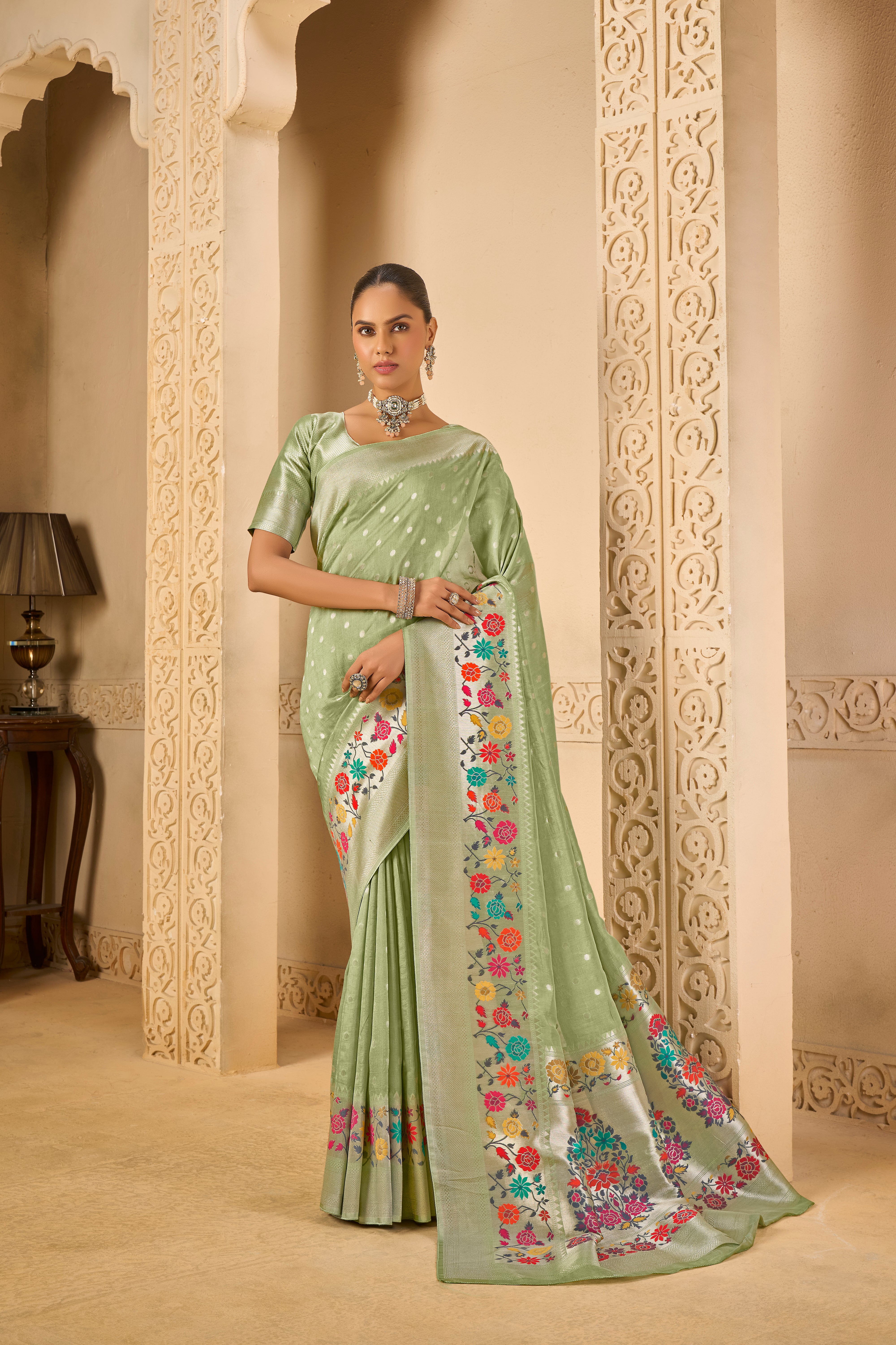 Soft Pastel Saree – Multicolor Floral Weaving Beauty - Krishree