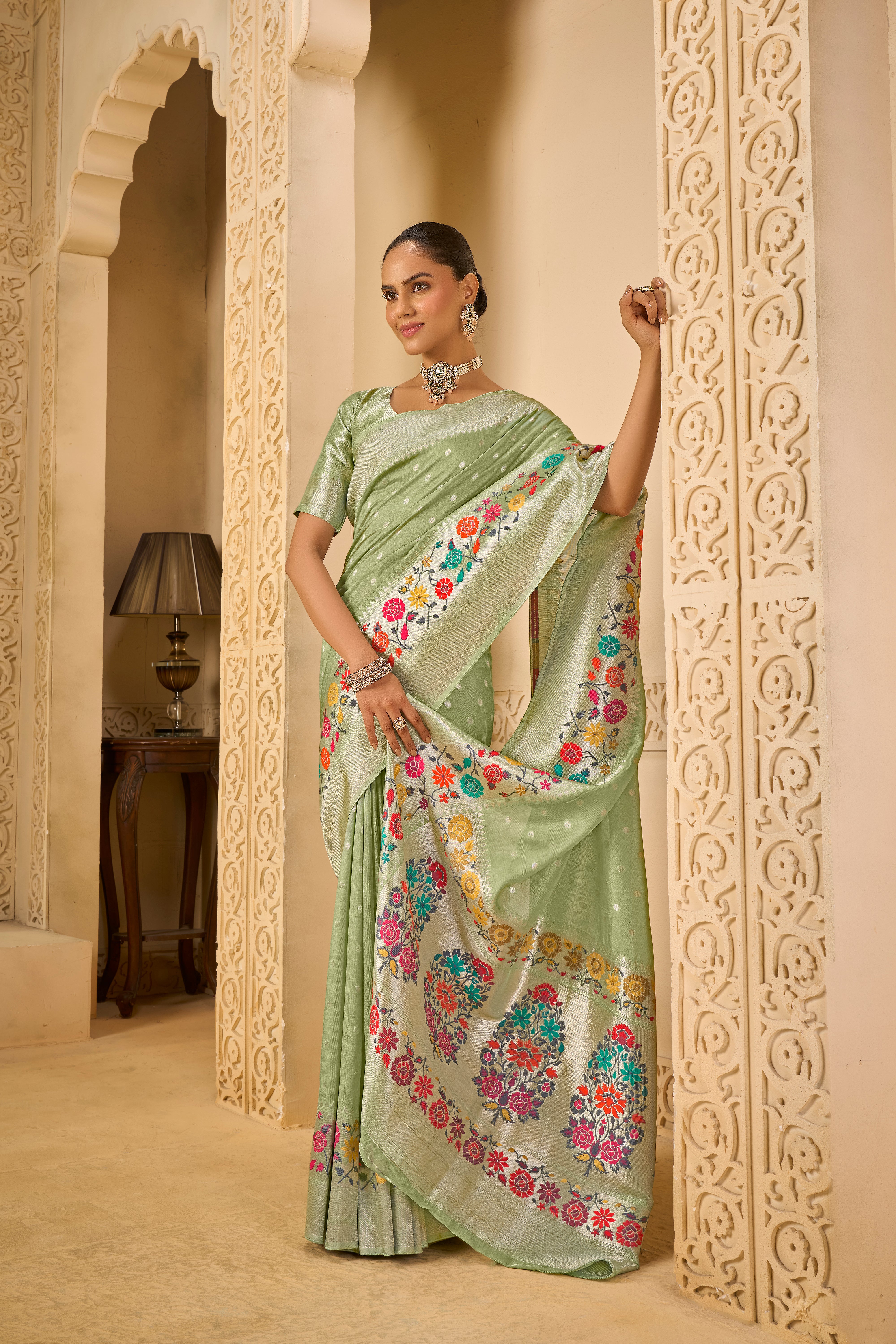 Soft Pastel Saree – Multicolor Floral Weaving Beauty - Krishree