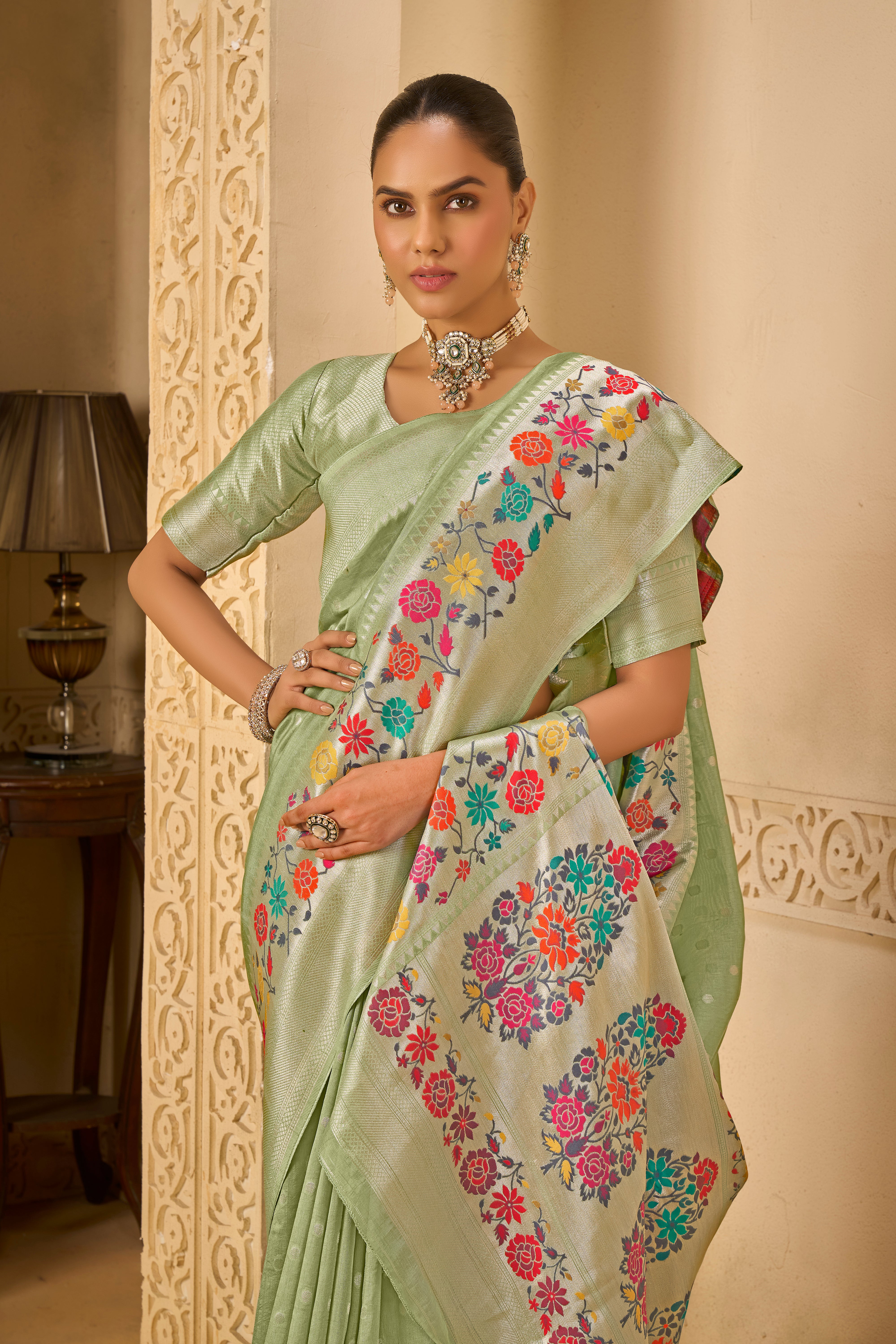 Soft Pastel Saree – Multicolor Floral Weaving Beauty - Krishree