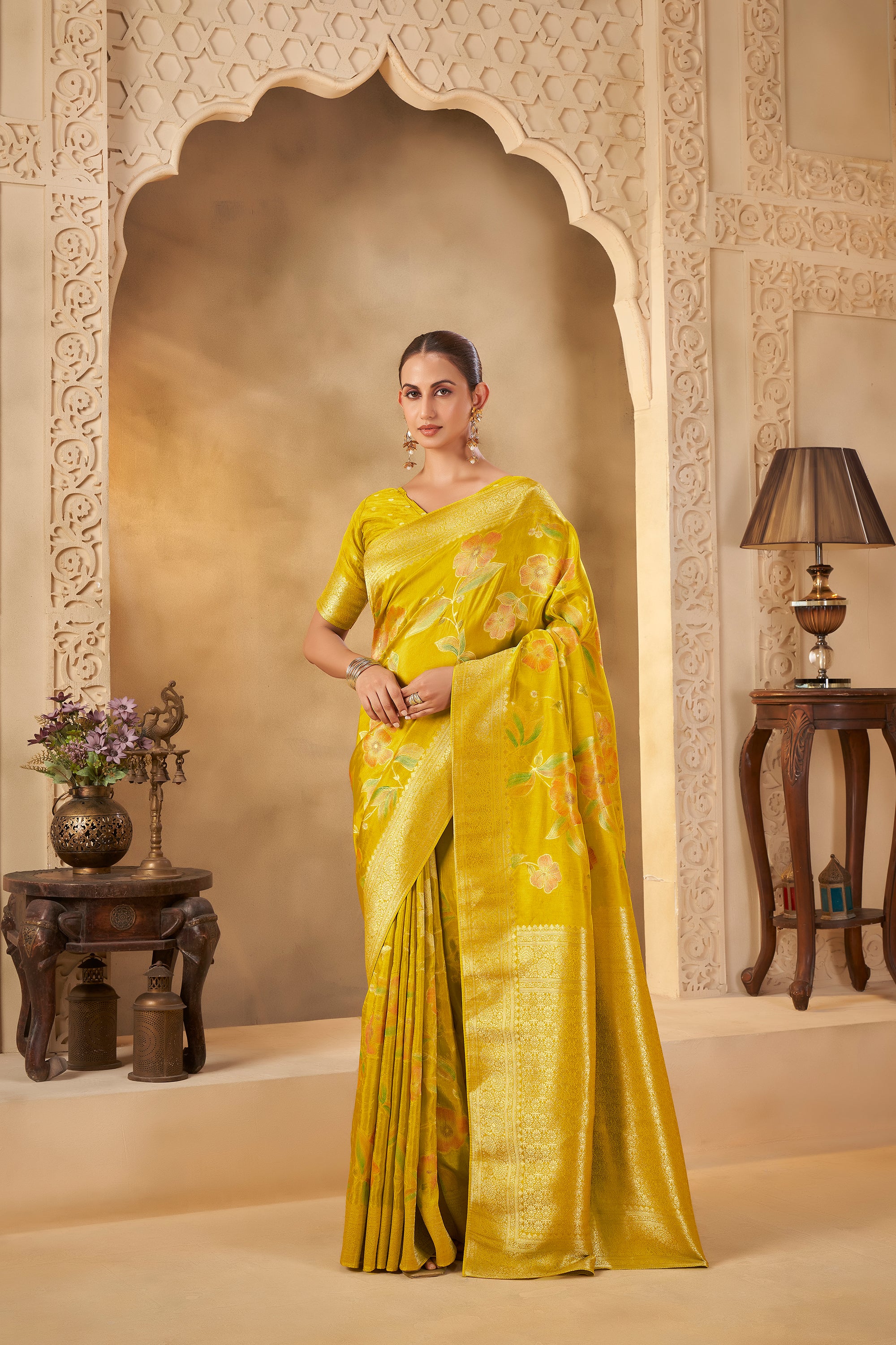 Mustard Yellow Saree with Elegant Floral Motifs & Festive Look - Krishree