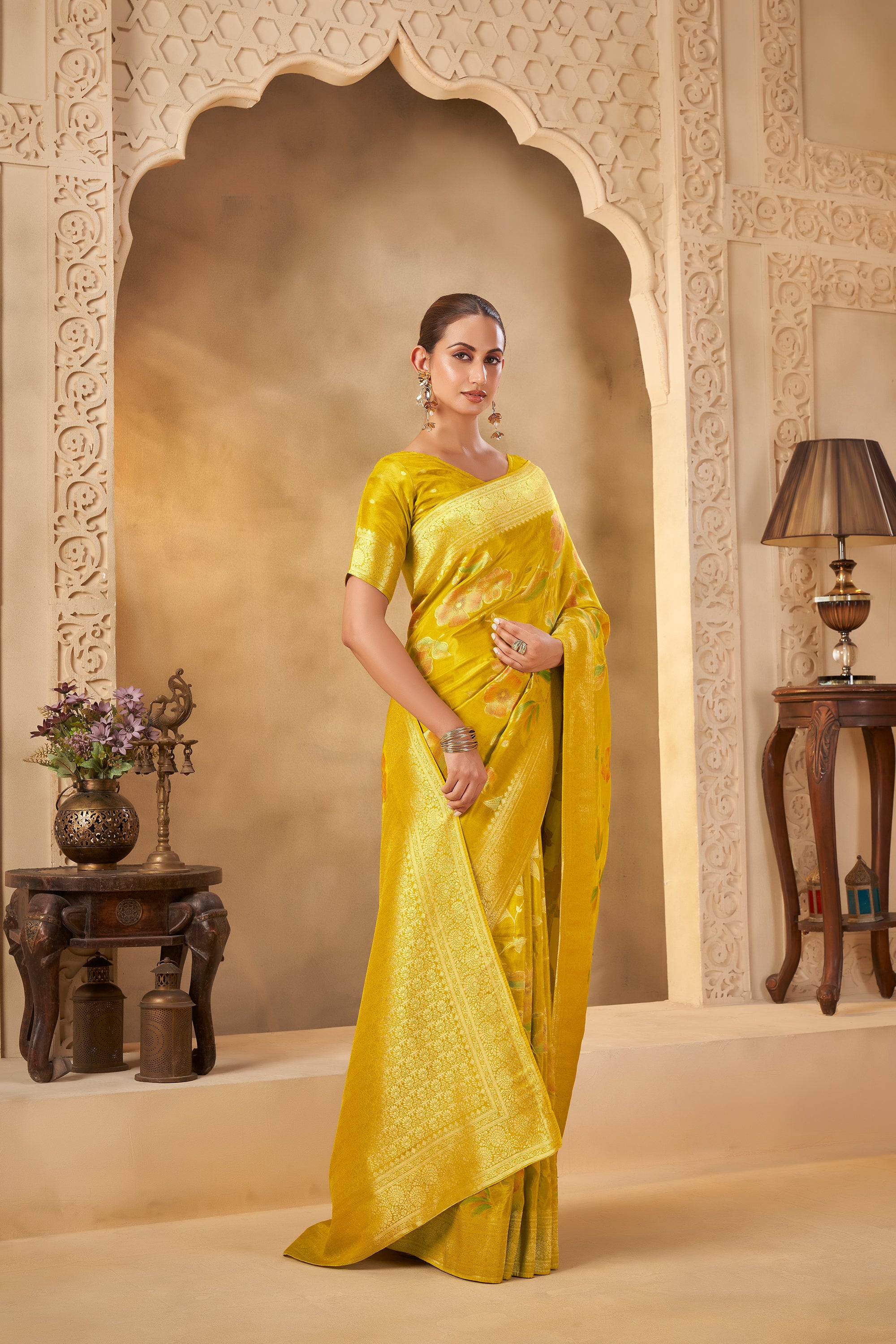 Mustard Yellow Saree with Elegant Floral Motifs & Festive Look - Krishree