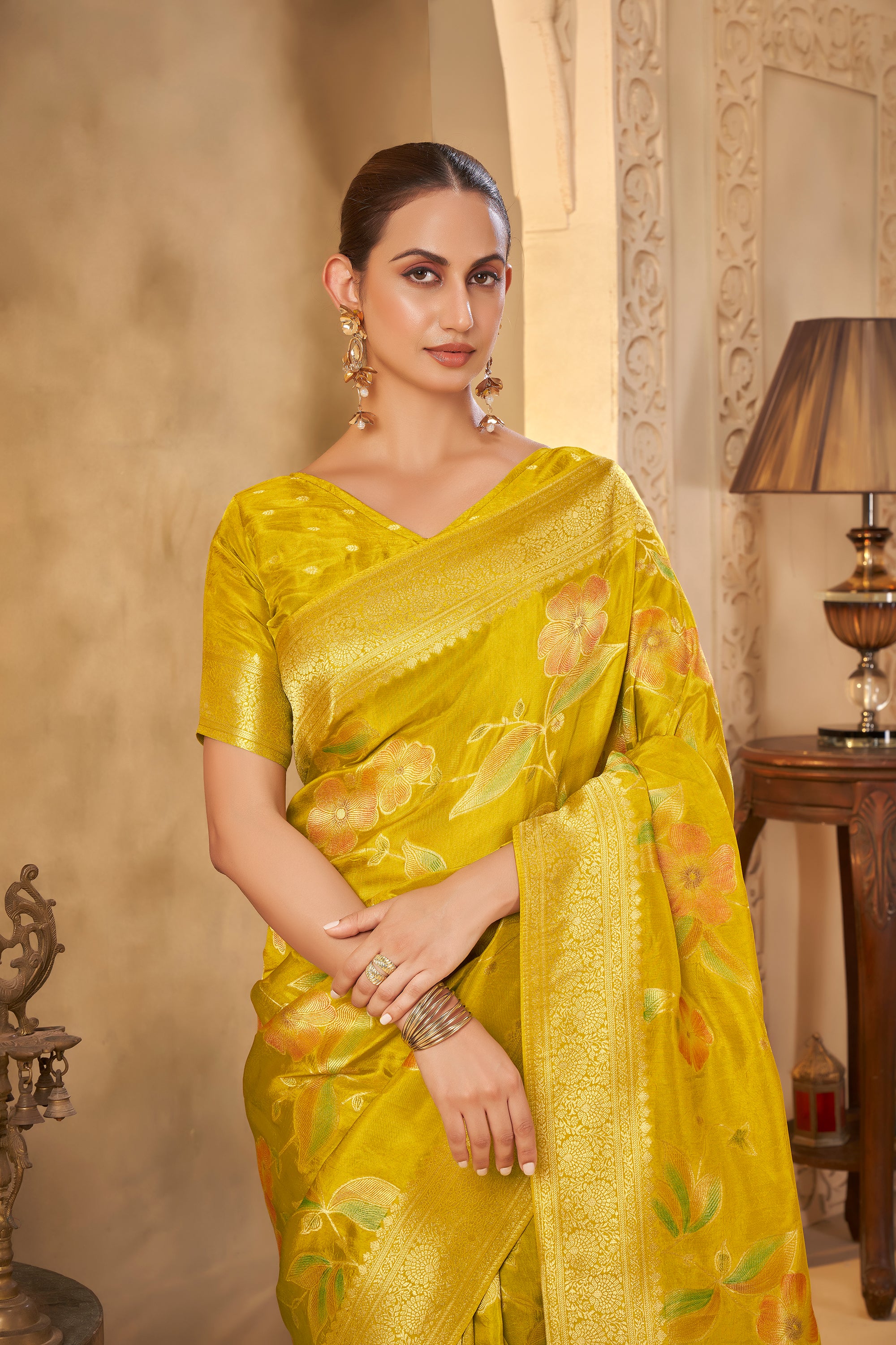Mustard Yellow Saree with Elegant Floral Motifs & Festive Look - Krishree