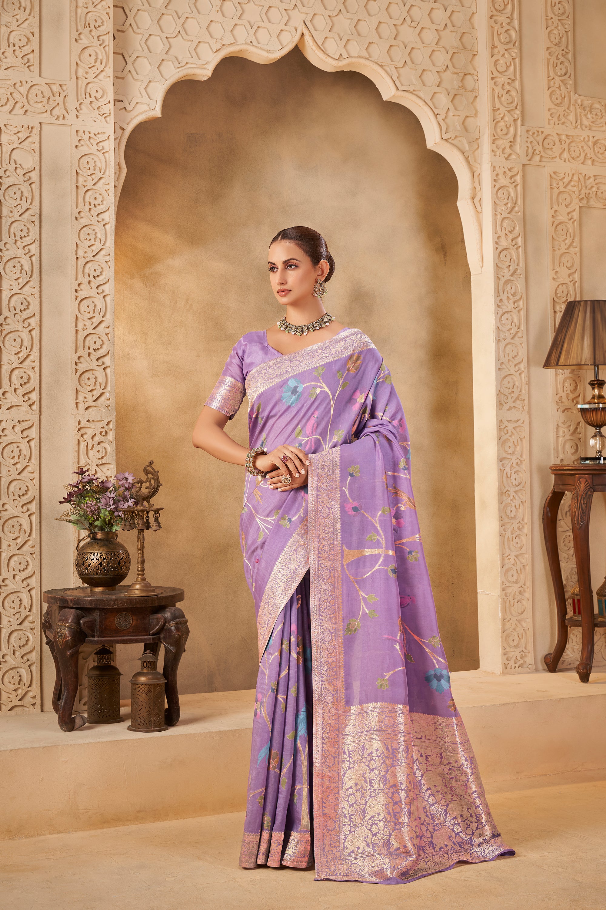Elegant Purple Saree with Pastel Floral Design – Festive Wear - Krishree
