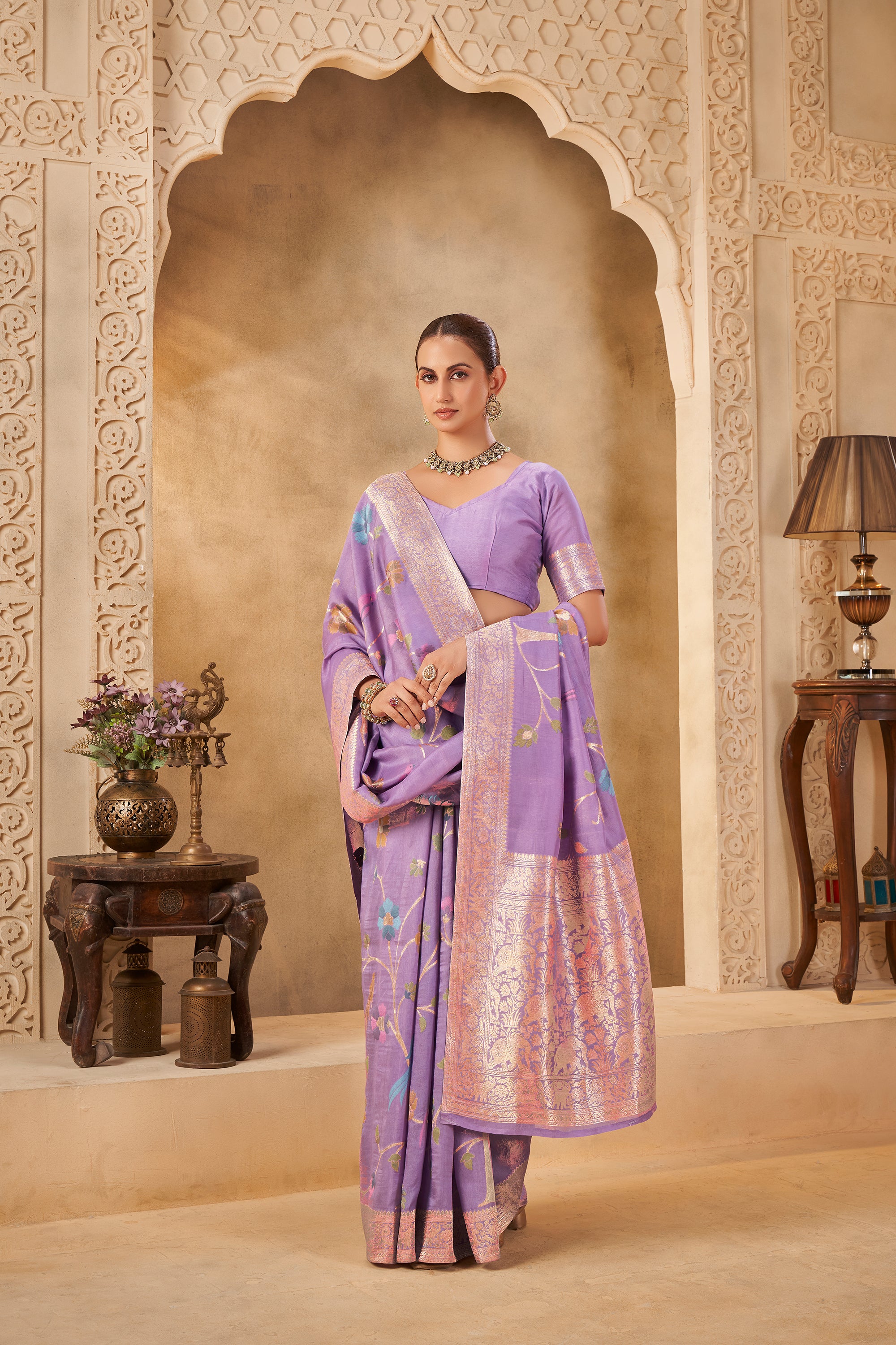 Elegant Purple Saree with Pastel Floral Design – Festive Wear - Krishree